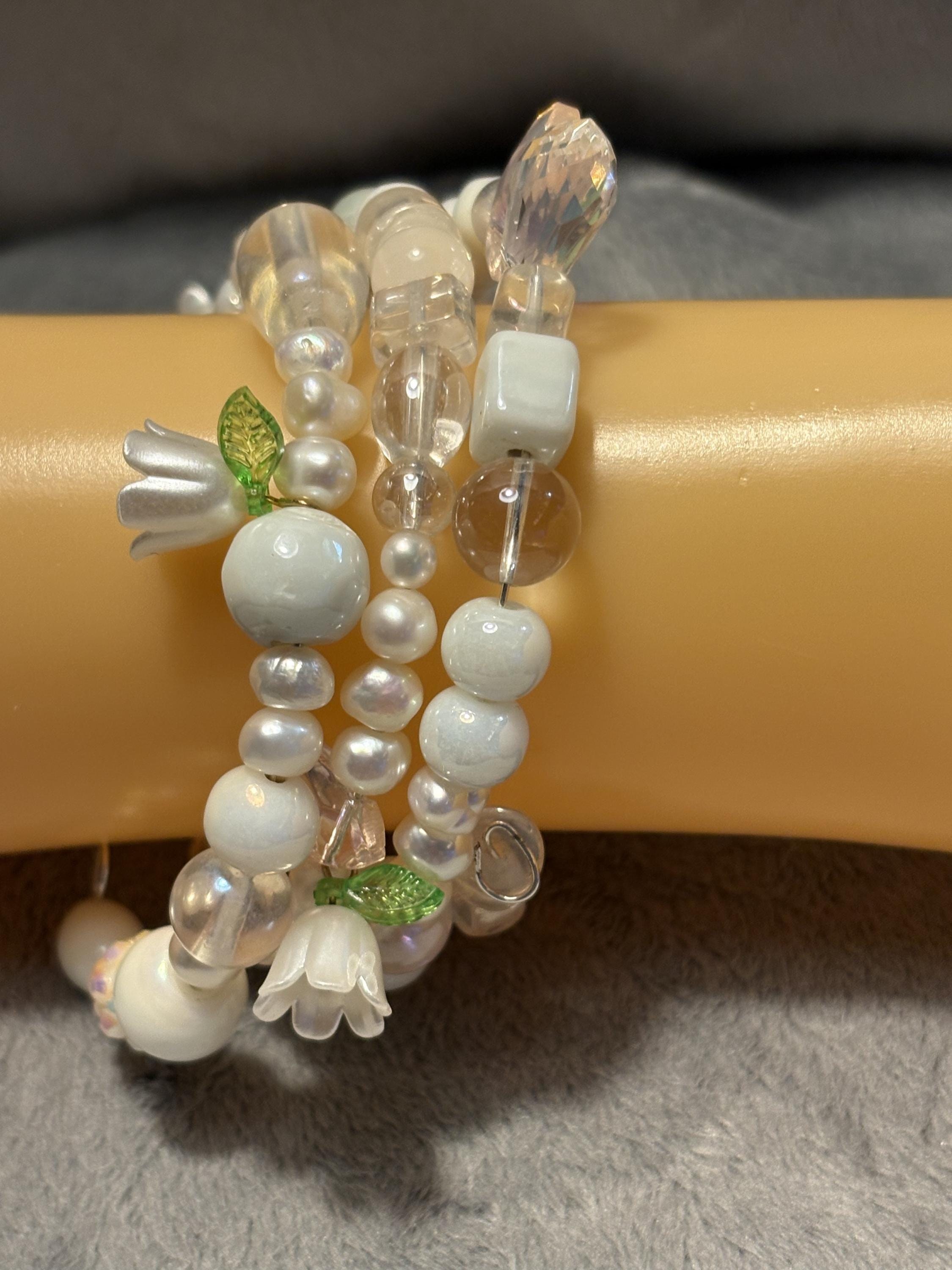 Handmade Lily of the Valley Pearl Jewelry Set, Floral Necklace, Bracelet, Earrings view 11