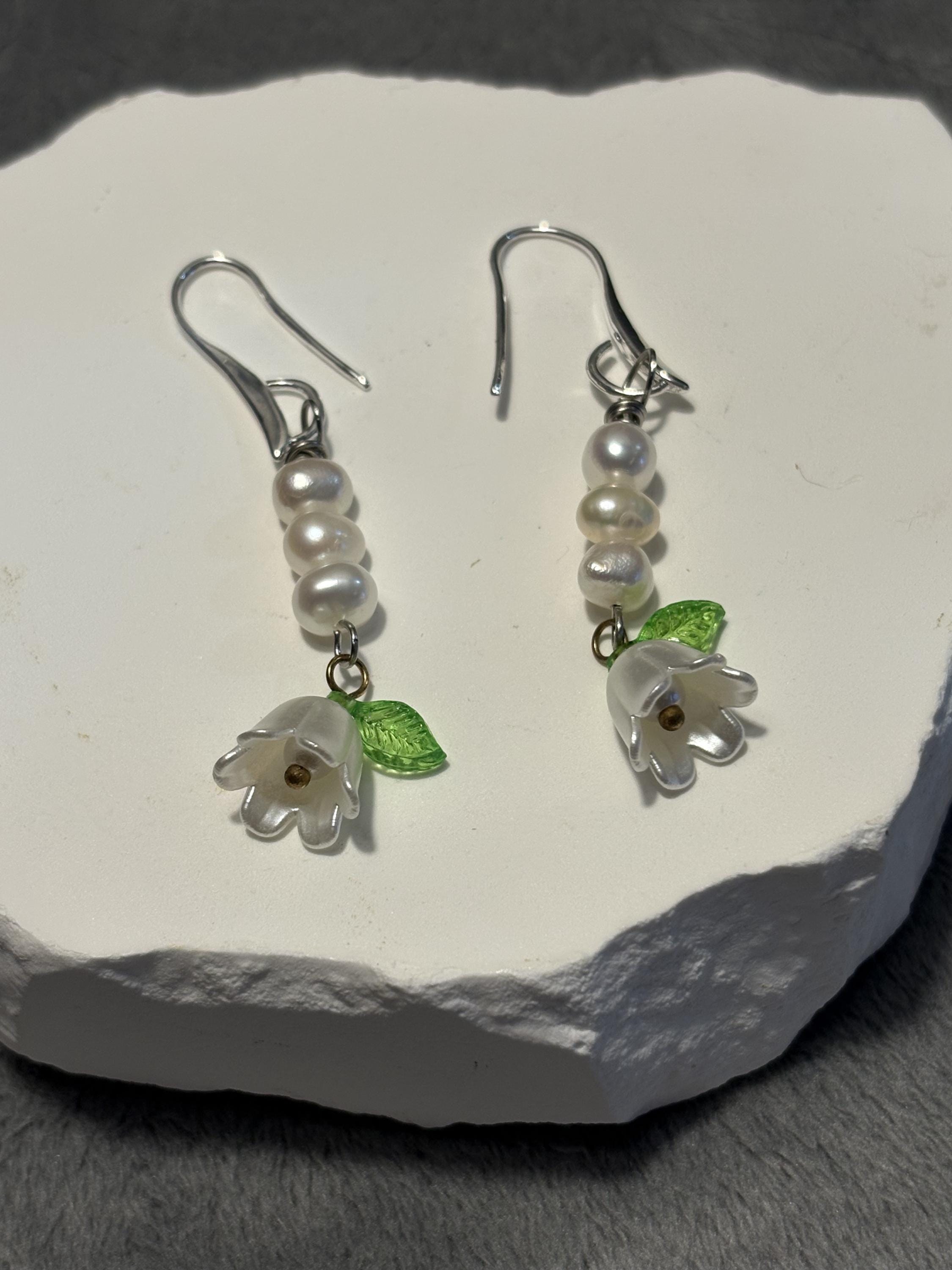 Handmade Lily of the Valley Pearl Jewelry Set, Floral Necklace, Bracelet, Earrings view 13