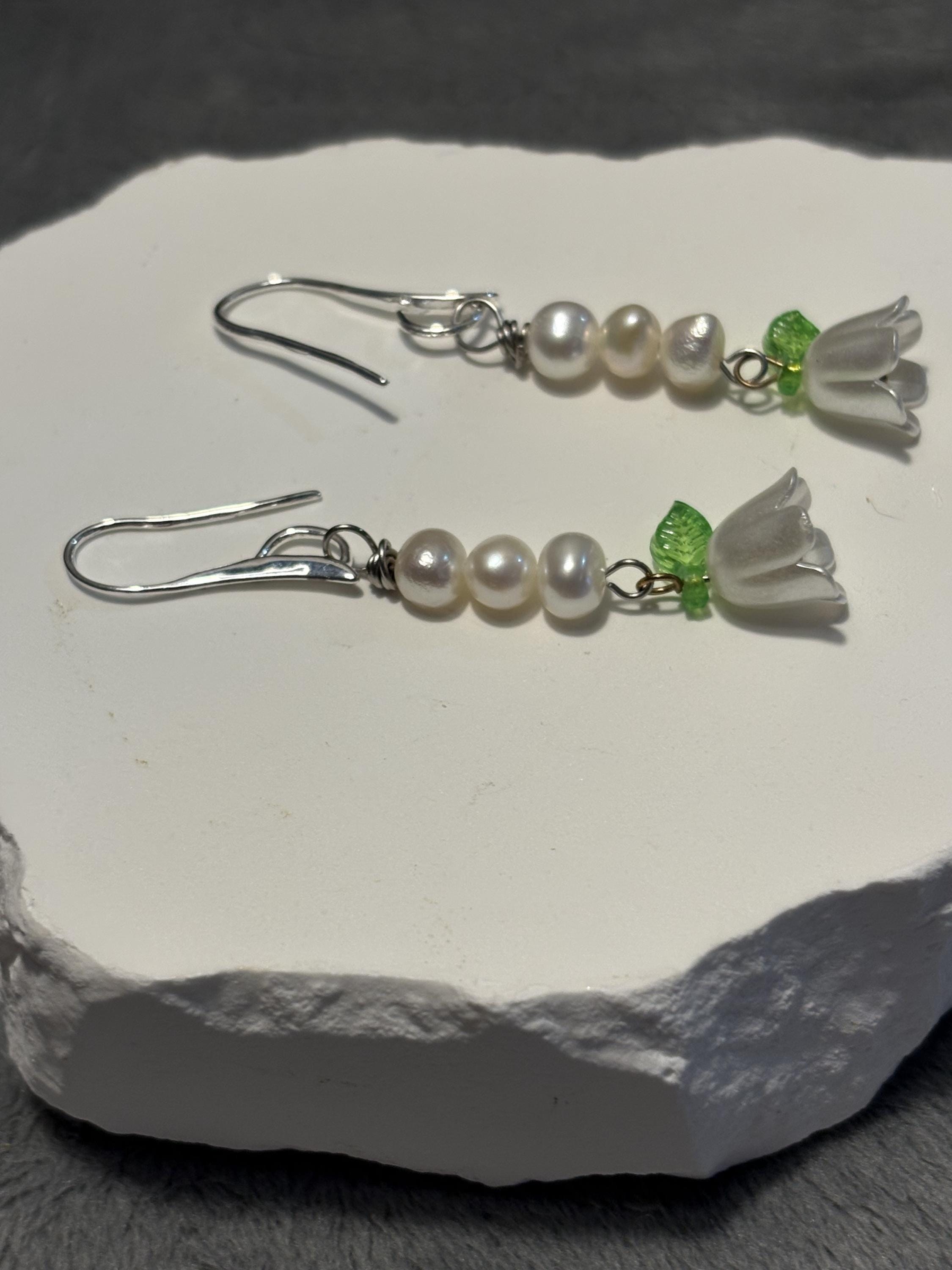 Handmade Lily of the Valley Pearl Jewelry Set, Floral Necklace, Bracelet, Earrings view 14