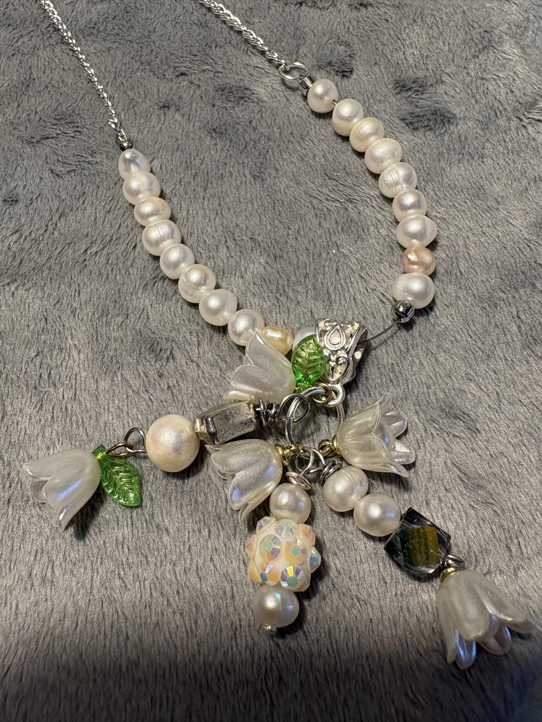 Handmade Lily of the Valley Pearl Jewelry Set, Floral Necklace, Bracelet, Earrings view 2