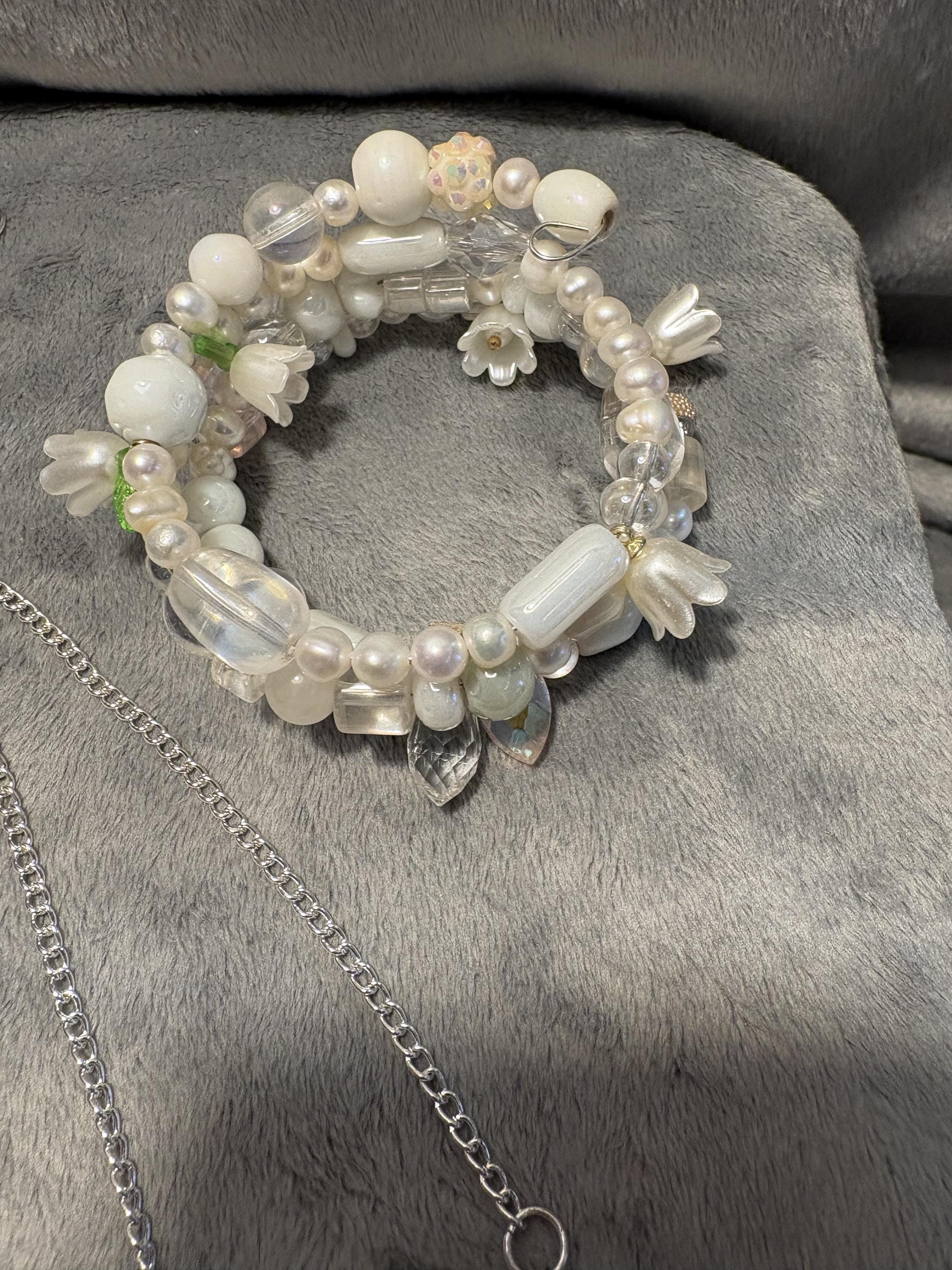 Handmade Lily of the Valley Pearl Jewelry Set, Floral Necklace, Bracelet, Earrings view 3
