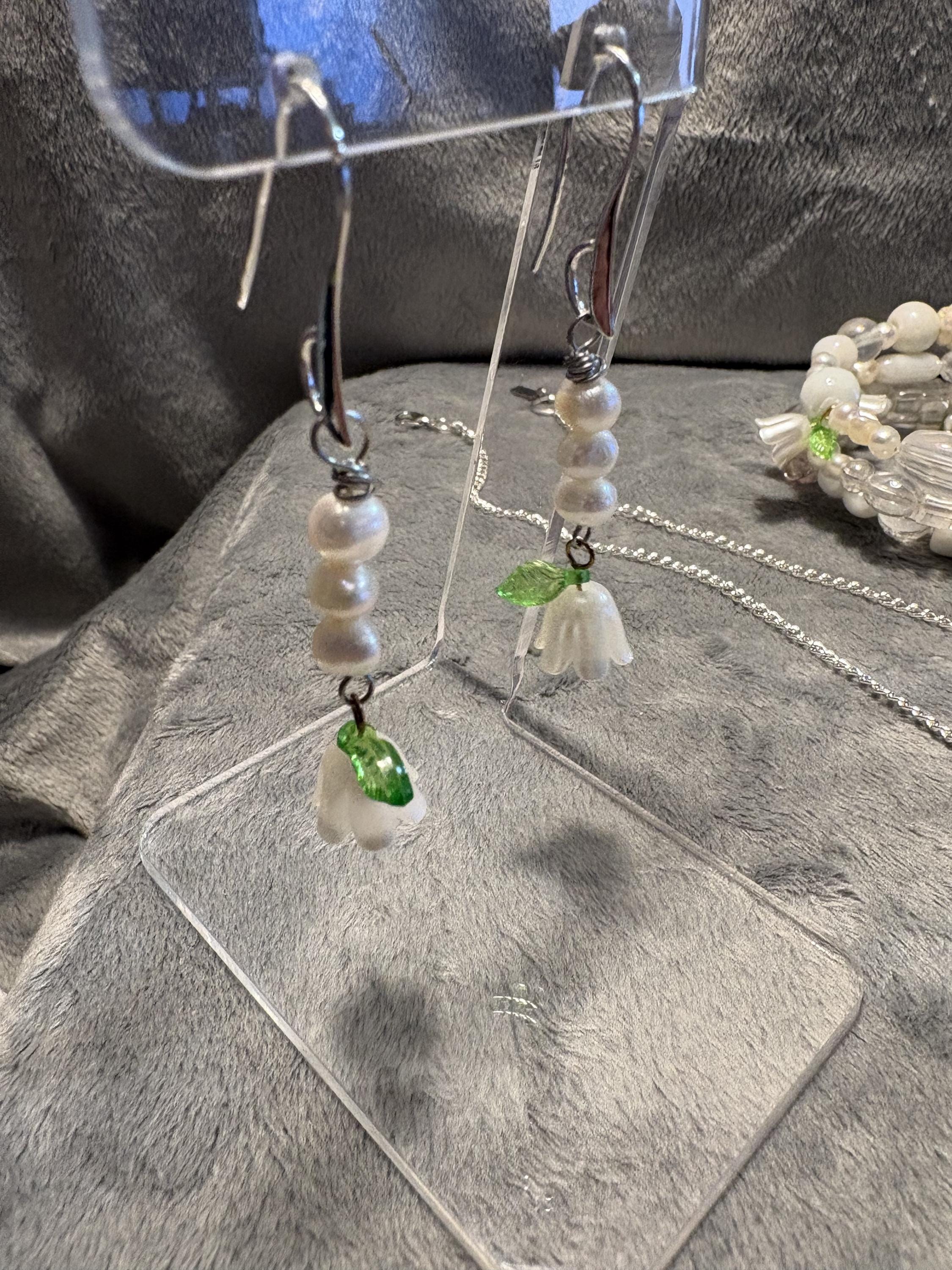 Handmade Lily of the Valley Pearl Jewelry Set, Floral Necklace, Bracelet, Earrings view 4