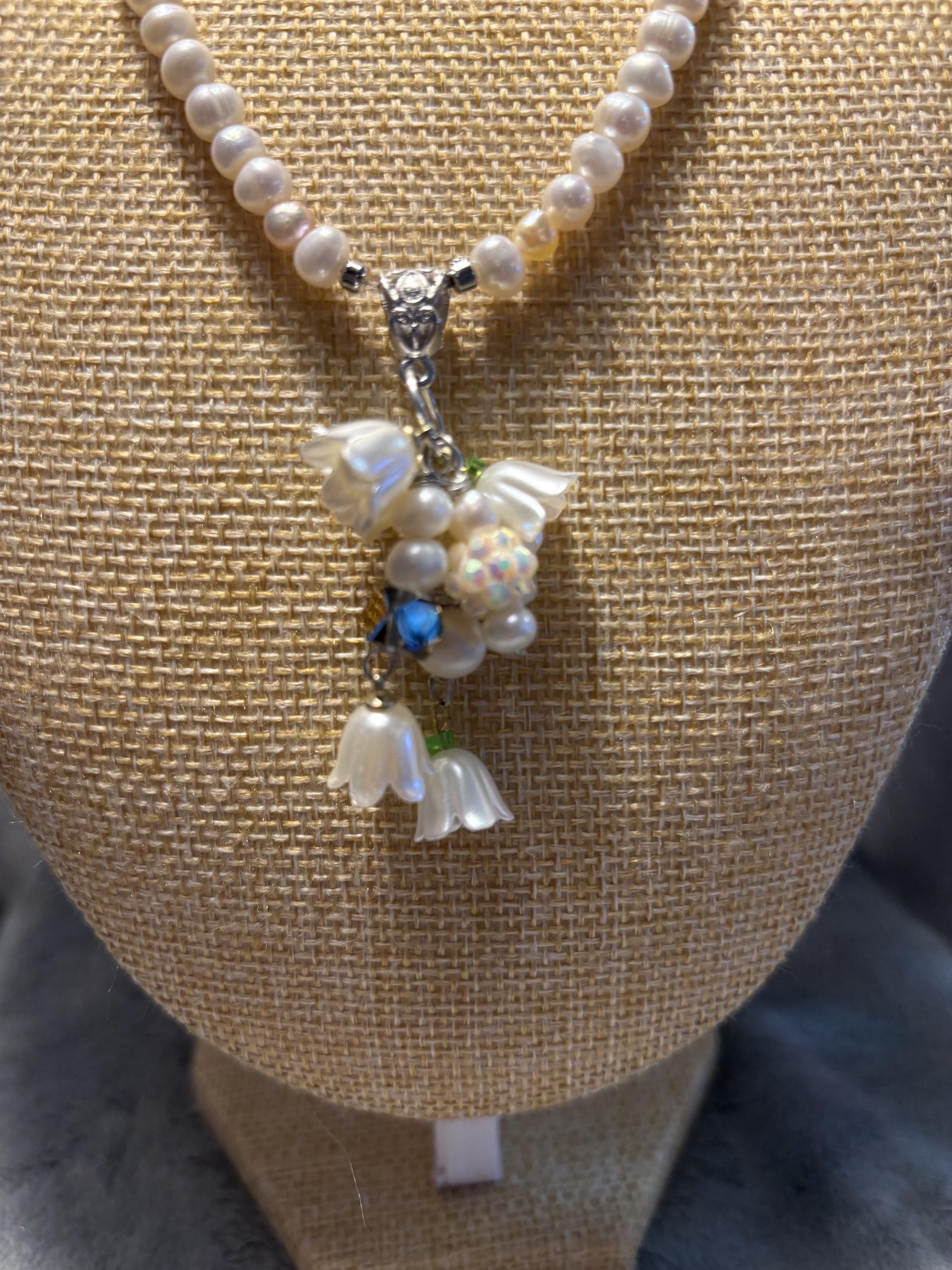 Handmade Lily of the Valley Pearl Jewelry Set, Floral Necklace, Bracelet, Earrings view 6