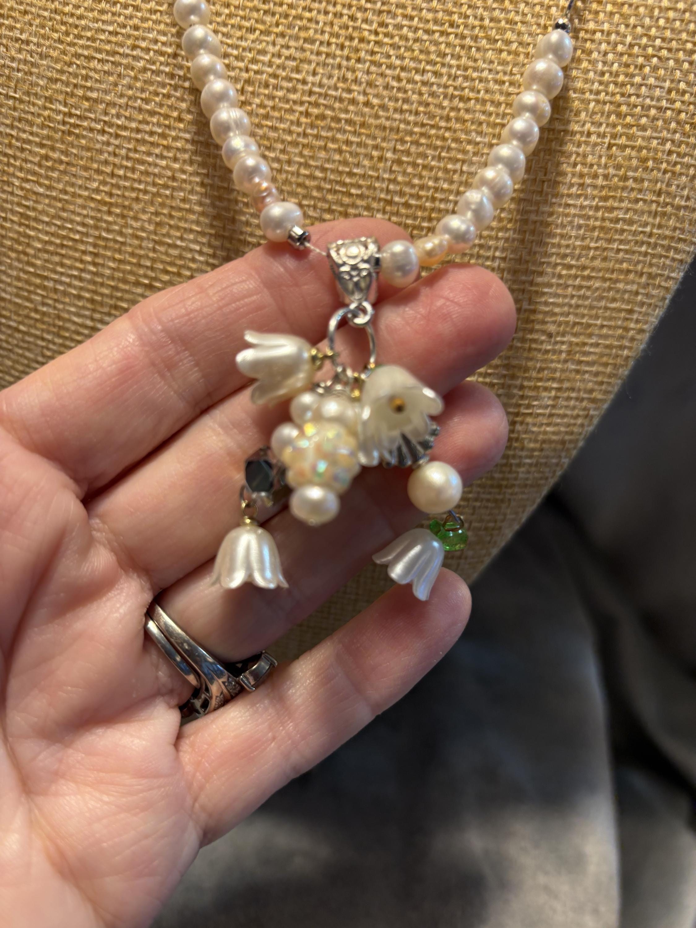 Handmade Lily of the Valley Pearl Jewelry Set, Floral Necklace, Bracelet, Earrings view 7