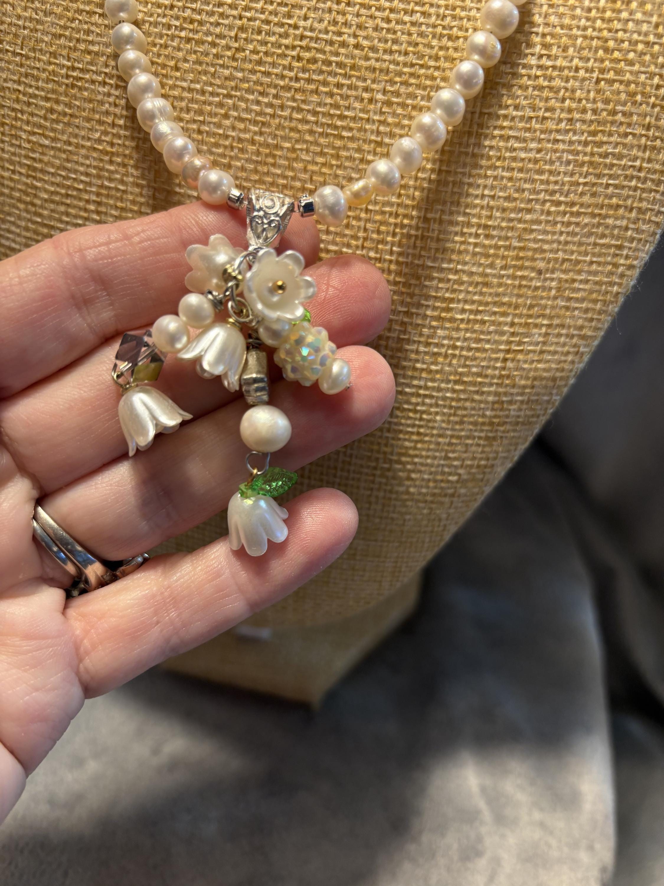 Handmade Lily of the Valley Pearl Jewelry Set, Floral Necklace, Bracelet, Earrings view 8