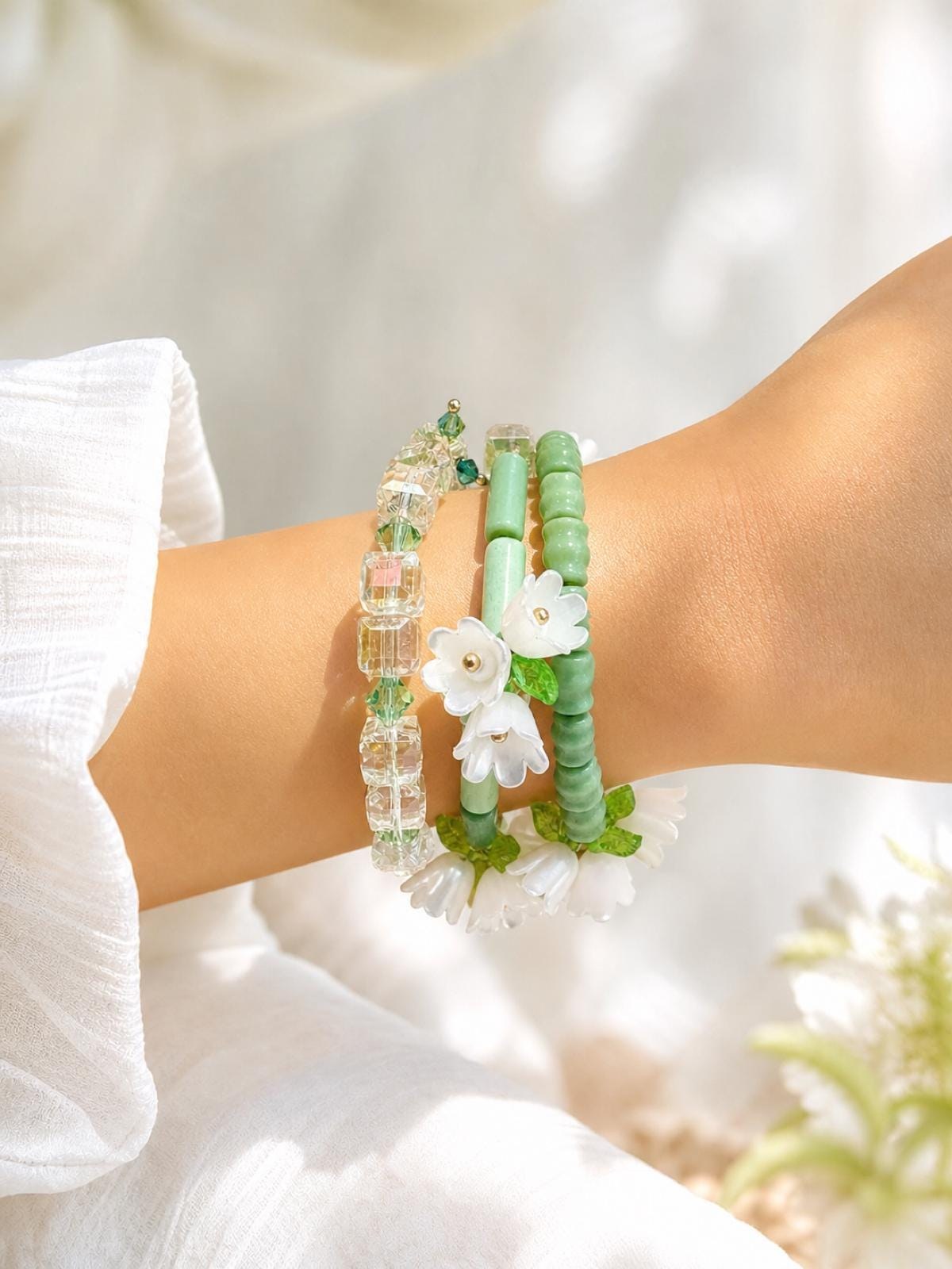 Lily of the Valley Bracelet Set, Green Cat's Eye, Swarovski Crystals, Floral Stack