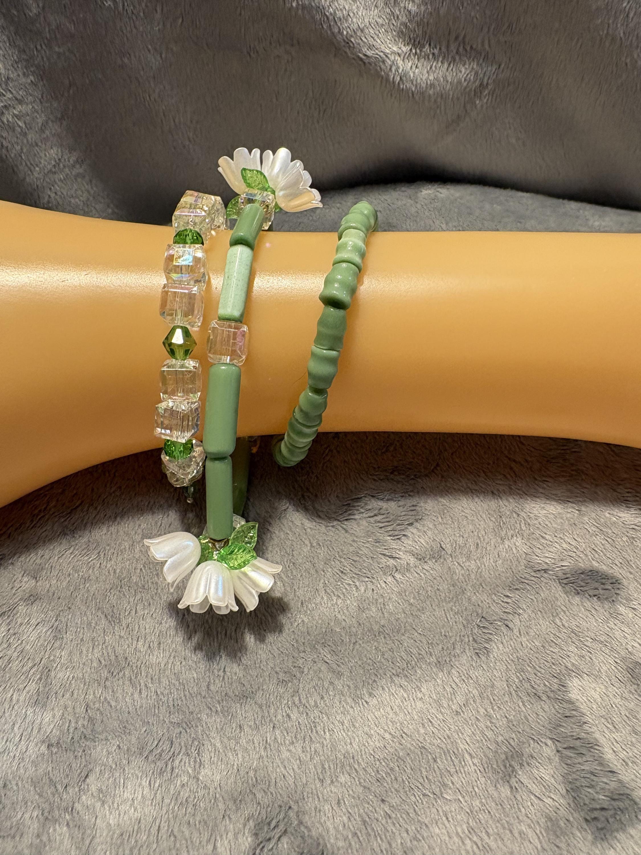 Lily of the Valley Bracelet Set, Green Cat's Eye, Swarovski Crystals, Floral Stack view 10