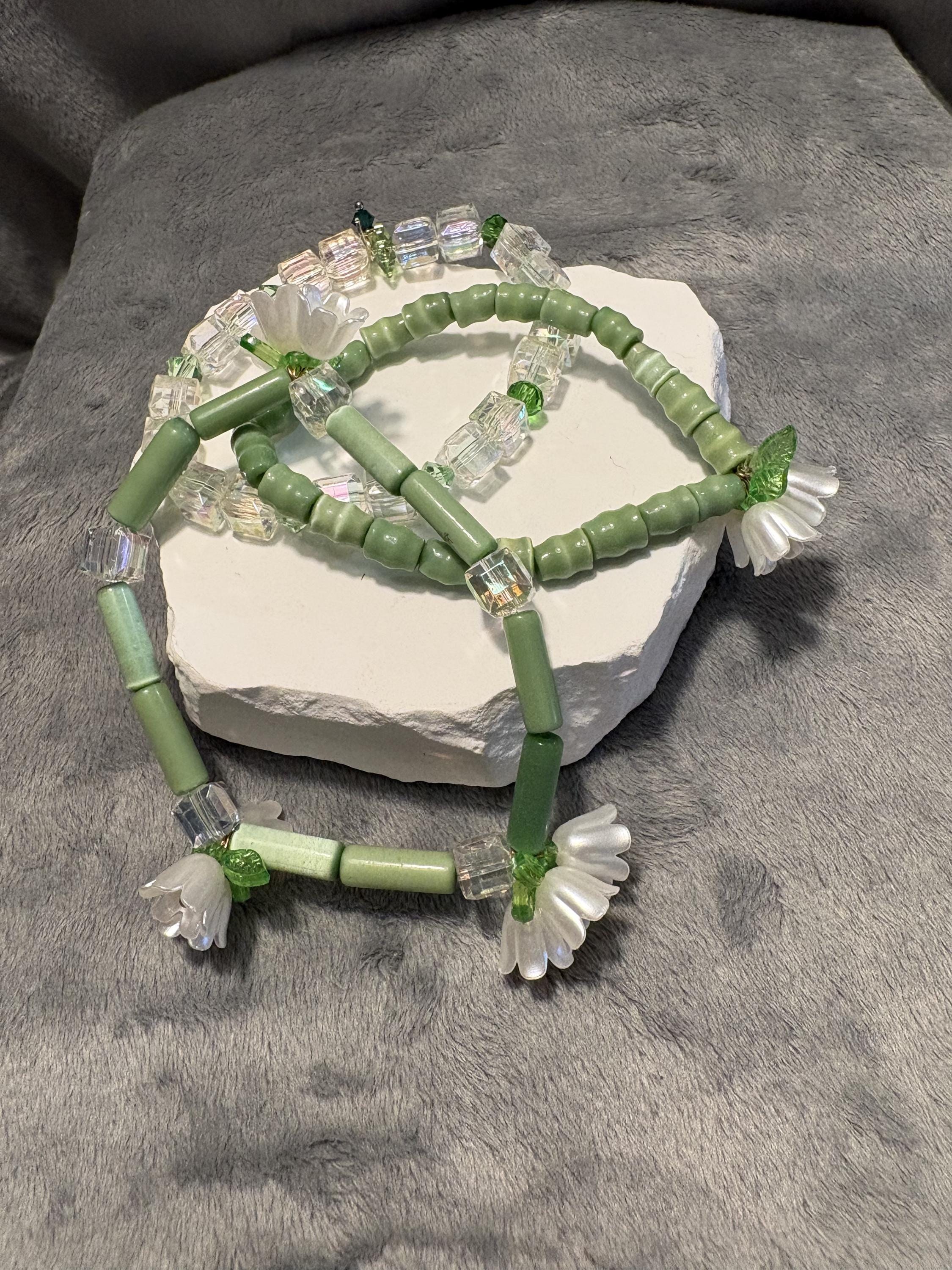 Lily of the Valley Bracelet Set, Green Cat's Eye, Swarovski Crystals, Floral Stack view 11