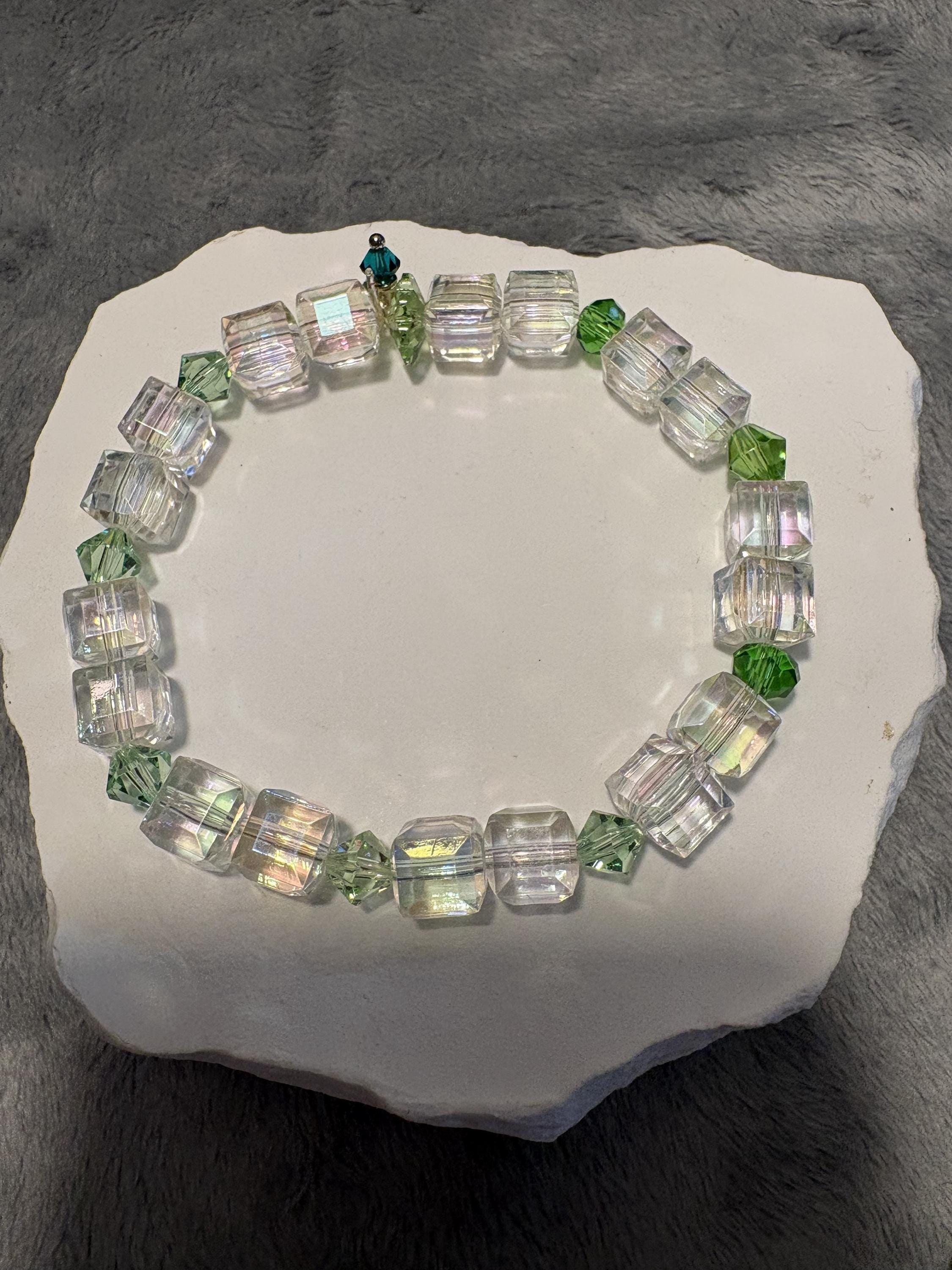 Lily of the Valley Bracelet Set, Green Cat's Eye, Swarovski Crystals, Floral Stack view 12