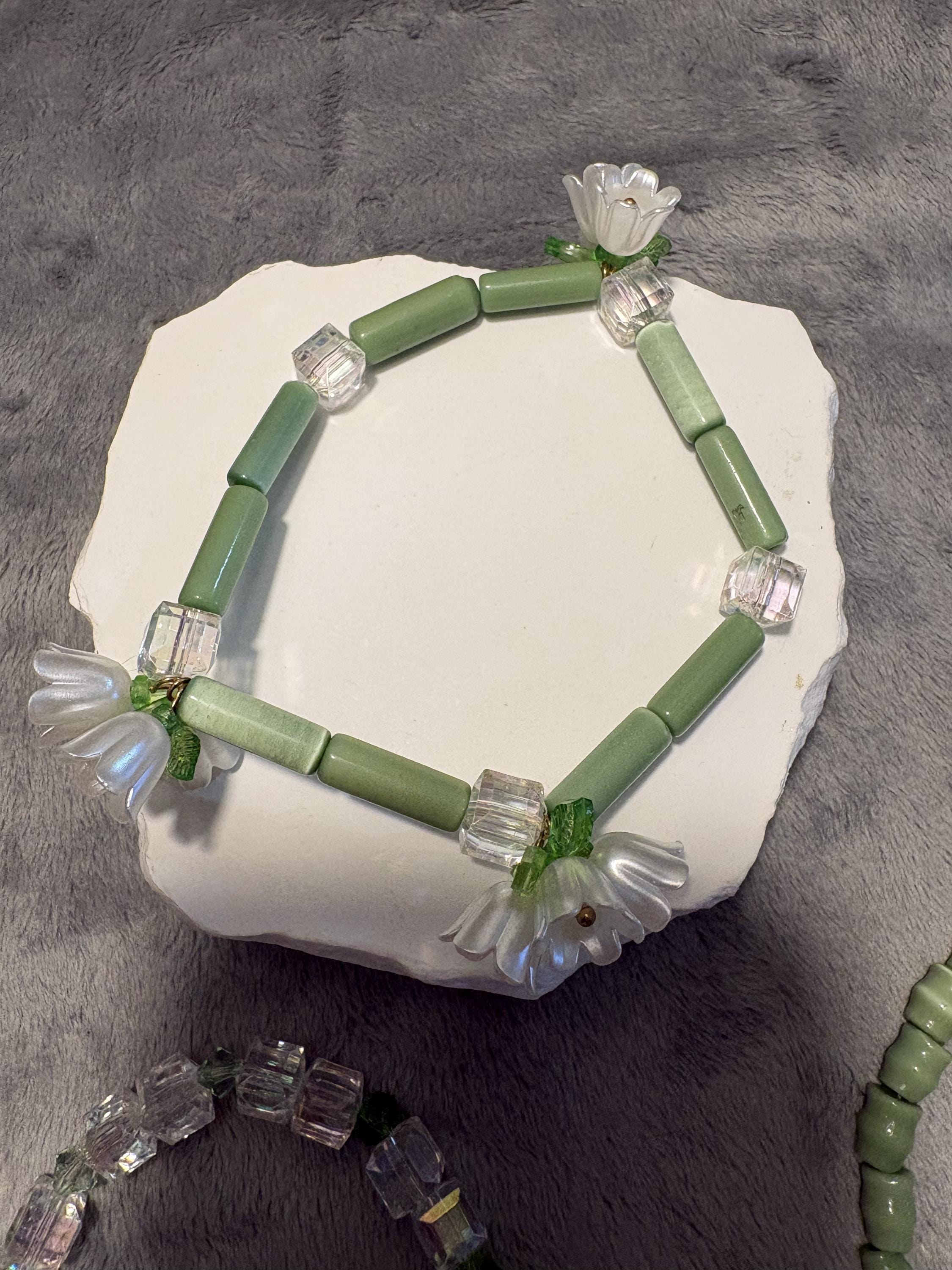 Lily of the Valley Bracelet Set, Green Cat's Eye, Swarovski Crystals, Floral Stack view 13