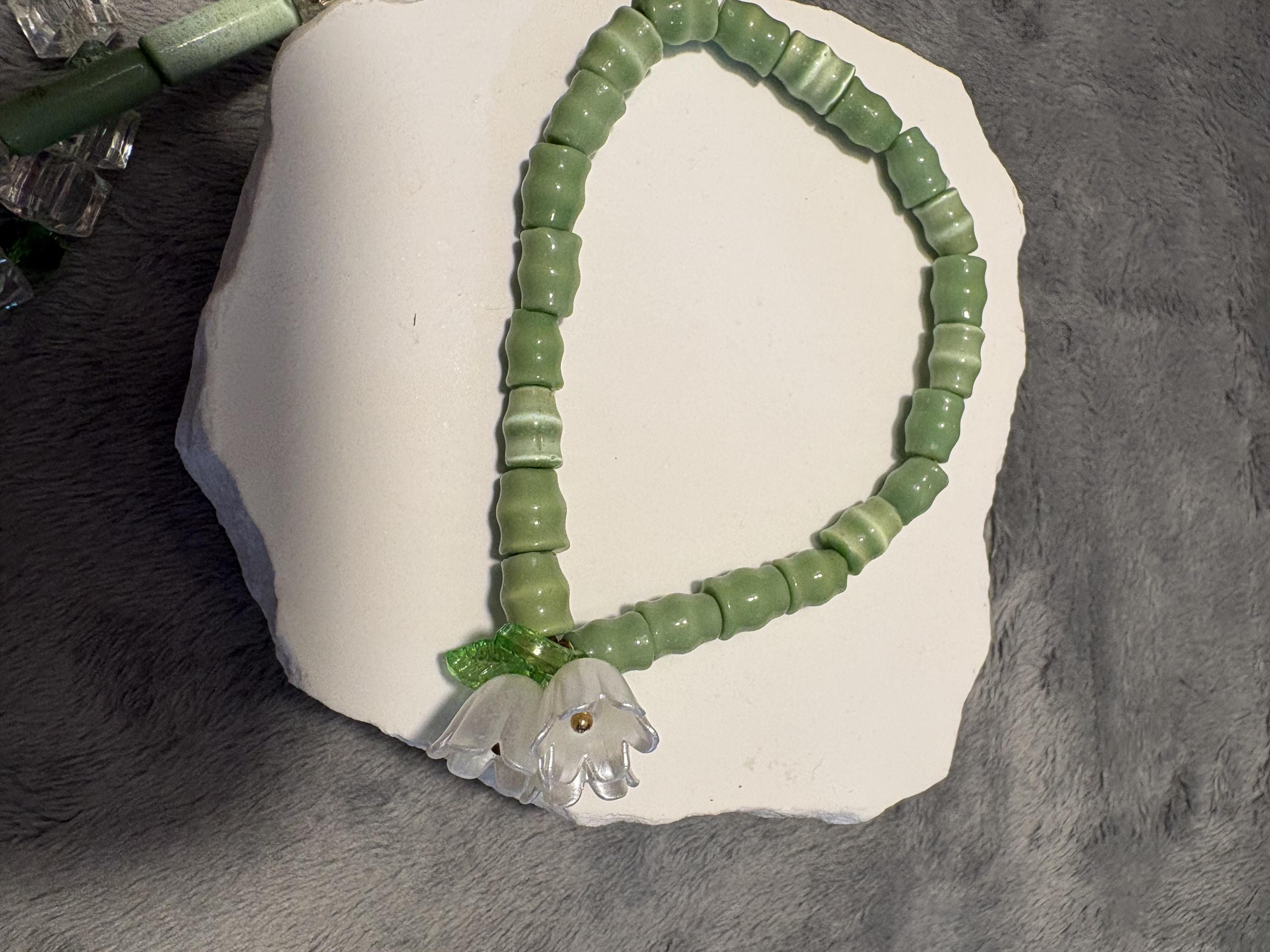 Lily of the Valley Bracelet Set, Green Cat's Eye, Swarovski Crystals, Floral Stack view 14