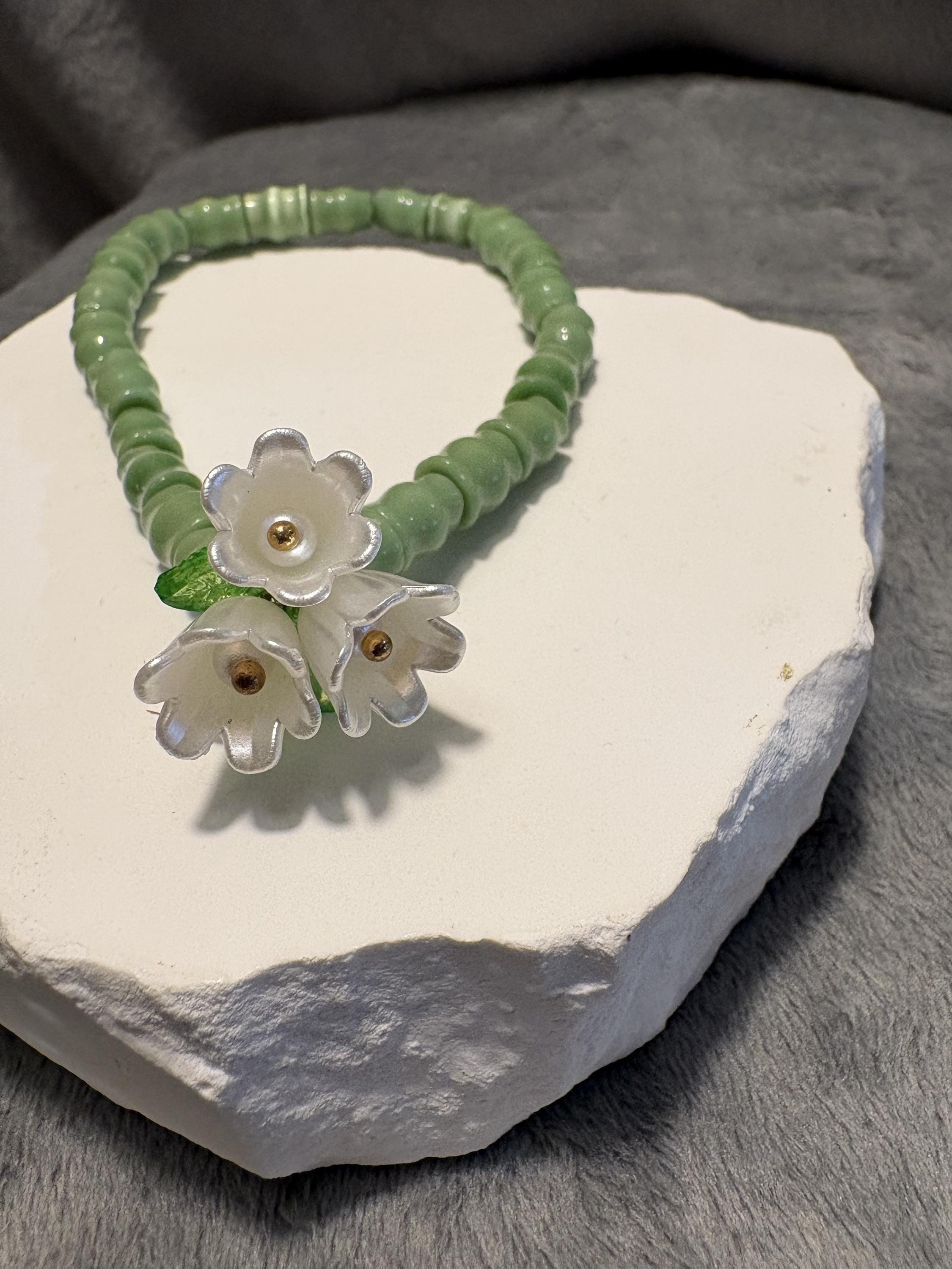 Lily of the Valley Bracelet Set, Green Cat's Eye, Swarovski Crystals, Floral Stack view 15