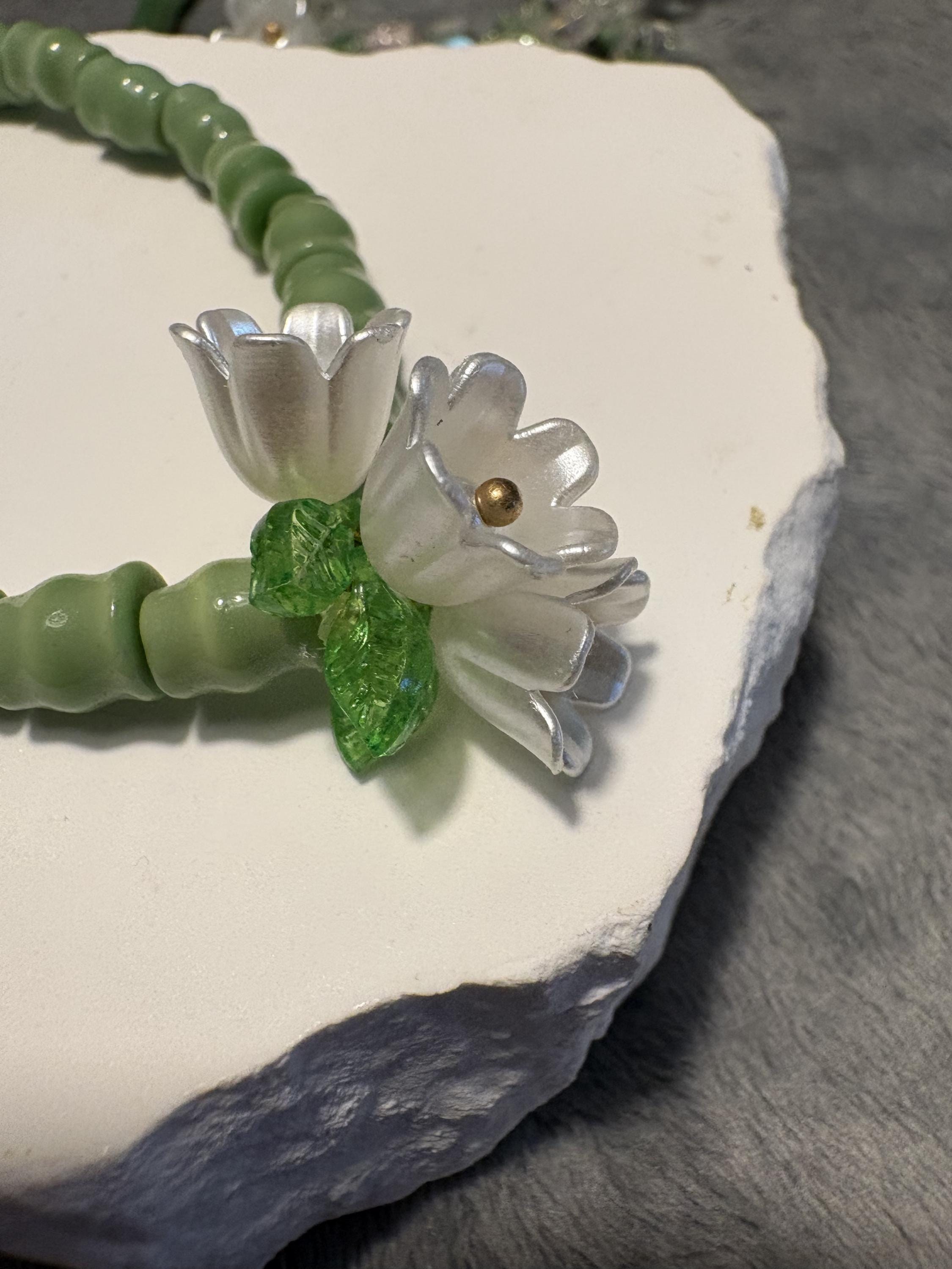 Lily of the Valley Bracelet Set, Green Cat's Eye, Swarovski Crystals, Floral Stack view 16