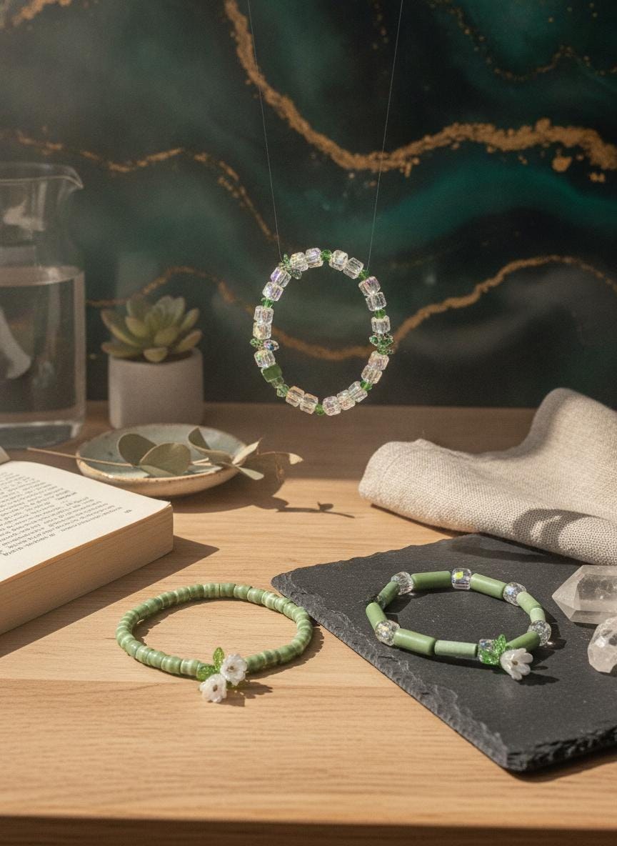 Lily of the Valley Bracelet Set, Green Cat's Eye, Swarovski Crystals, Floral Stack view 2