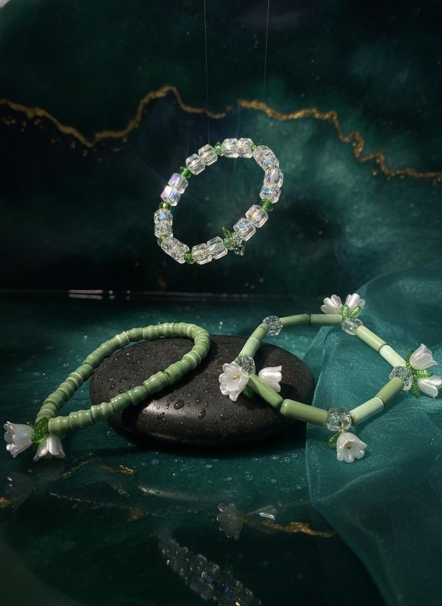 Lily of the Valley Bracelet Set, Green Cat's Eye, Swarovski Crystals, Floral Stack view 3