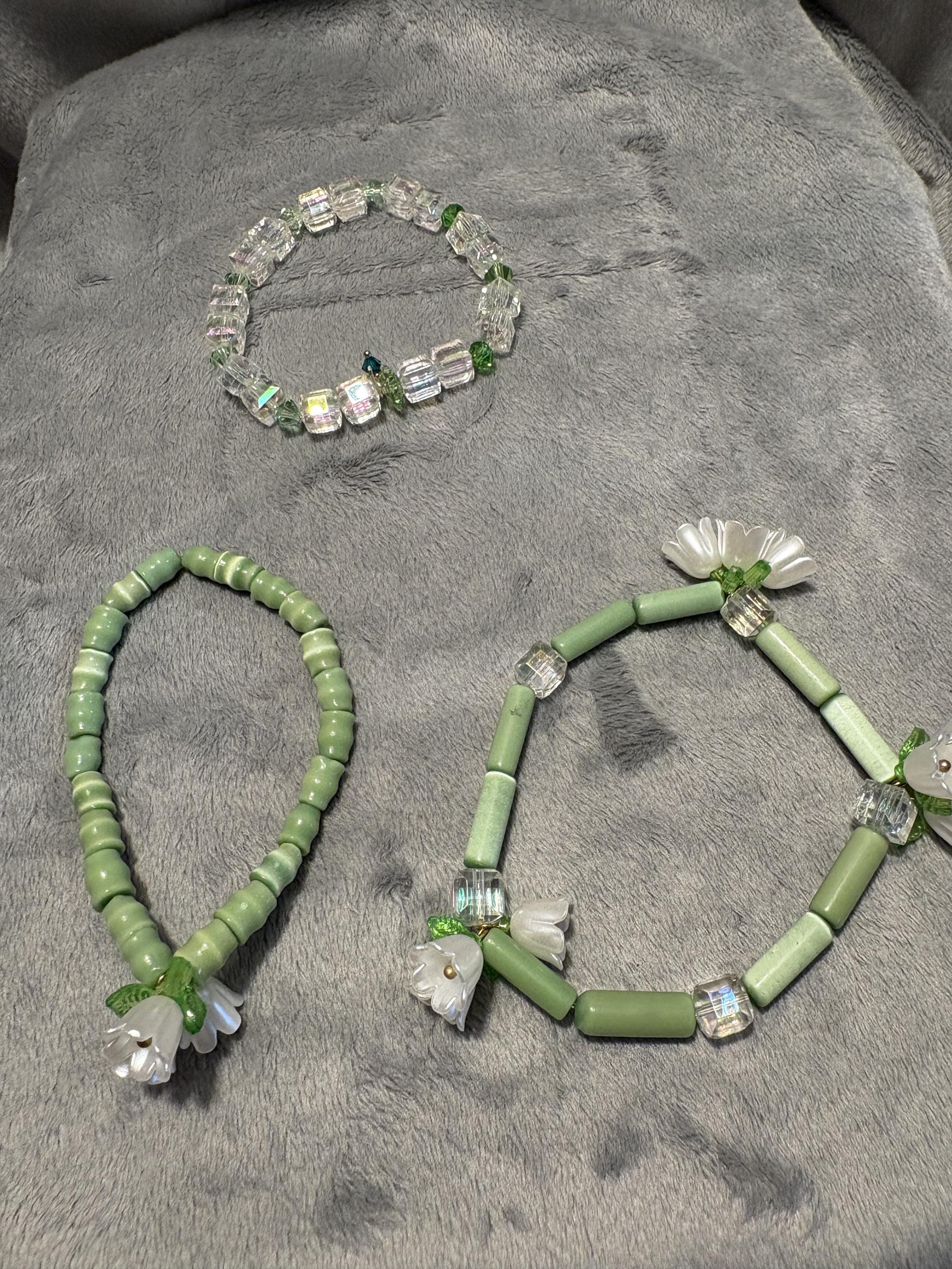 Lily of the Valley Bracelet Set, Green Cat's Eye, Swarovski Crystals, Floral Stack view 4