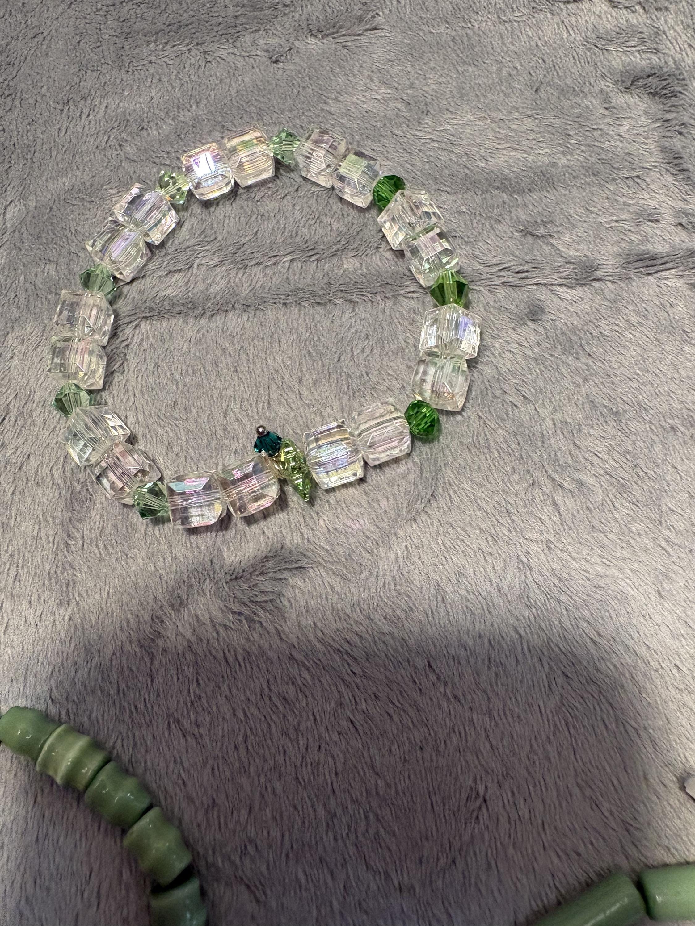 Lily of the Valley Bracelet Set, Green Cat's Eye, Swarovski Crystals, Floral Stack view 5