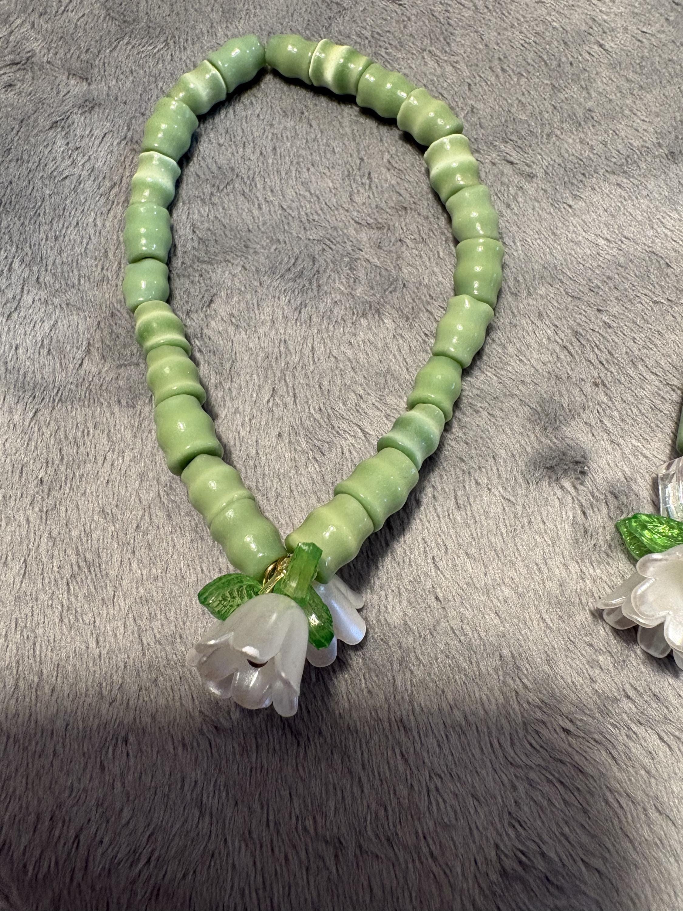 Lily of the Valley Bracelet Set, Green Cat's Eye, Swarovski Crystals, Floral Stack view 6