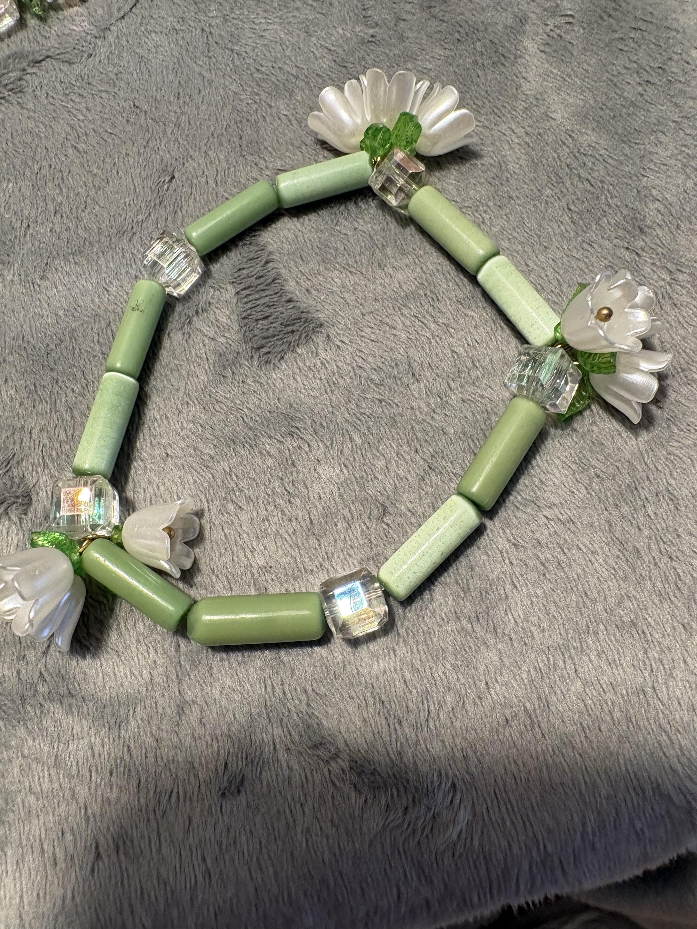 Lily of the Valley Bracelet Set, Green Cat's Eye, Swarovski Crystals, Floral Stack view 7