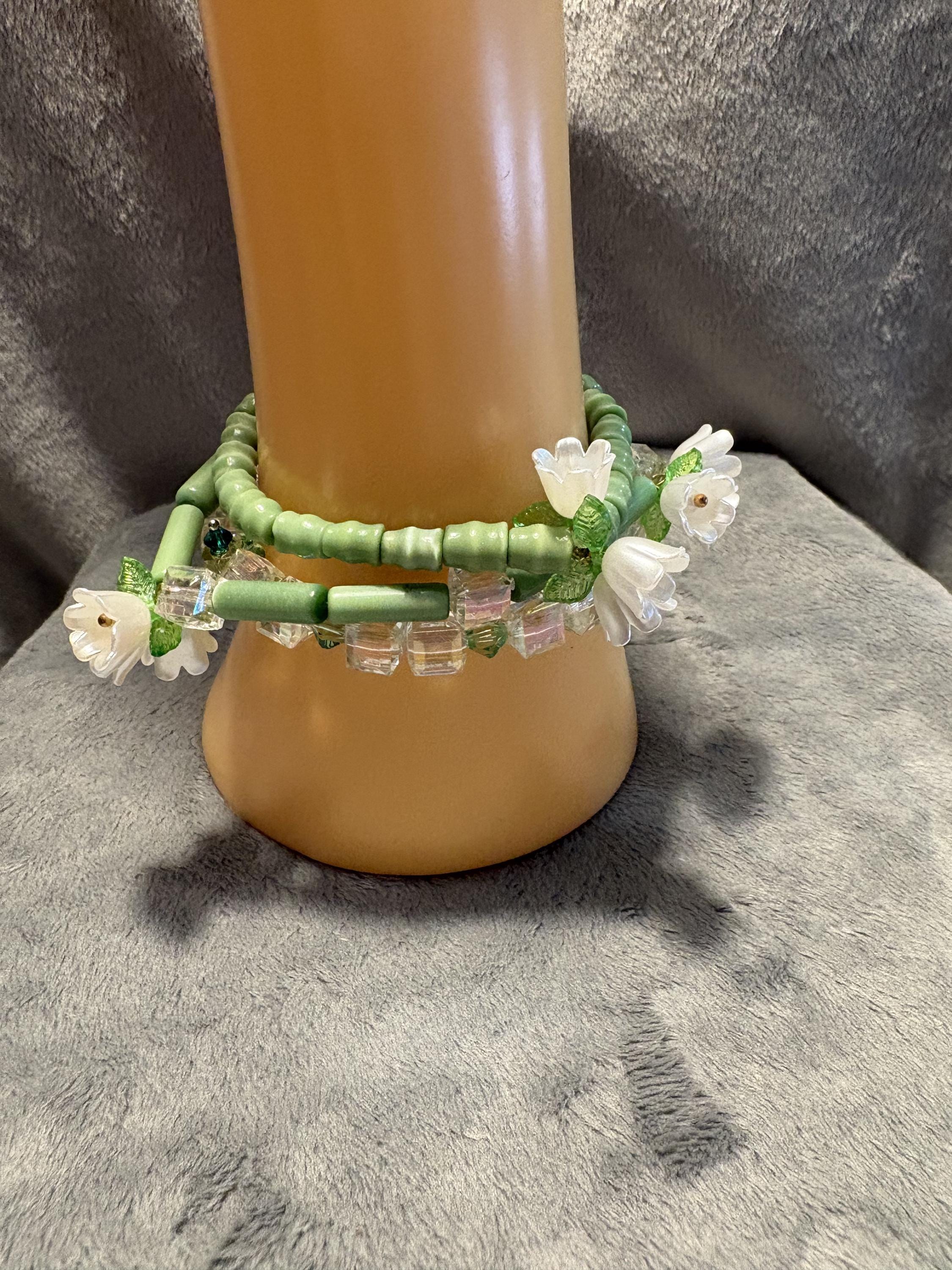 Lily of the Valley Bracelet Set, Green Cat's Eye, Swarovski Crystals, Floral Stack view 8