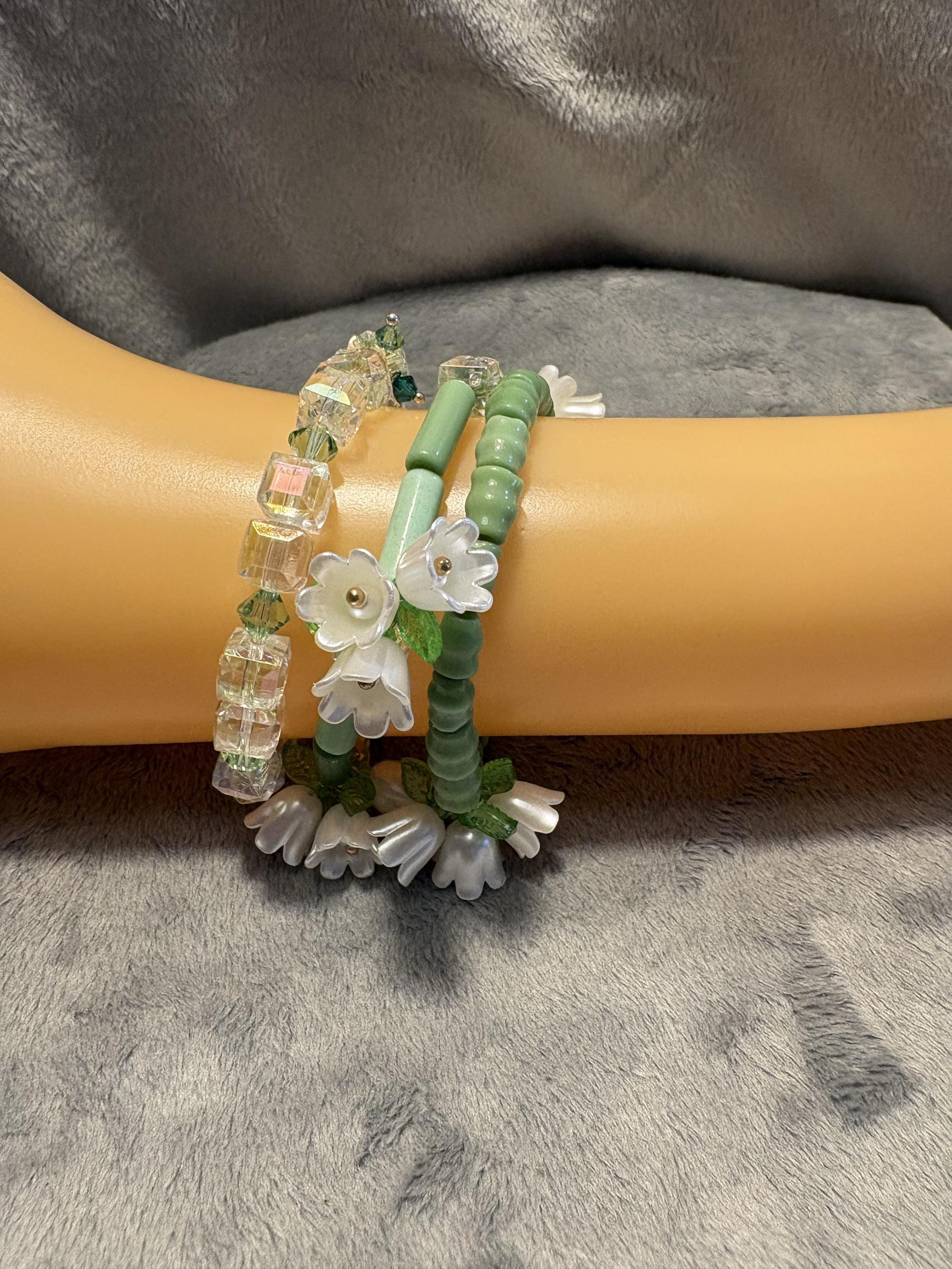 Lily of the Valley Bracelet Set, Green Cat's Eye, Swarovski Crystals, Floral Stack view 9