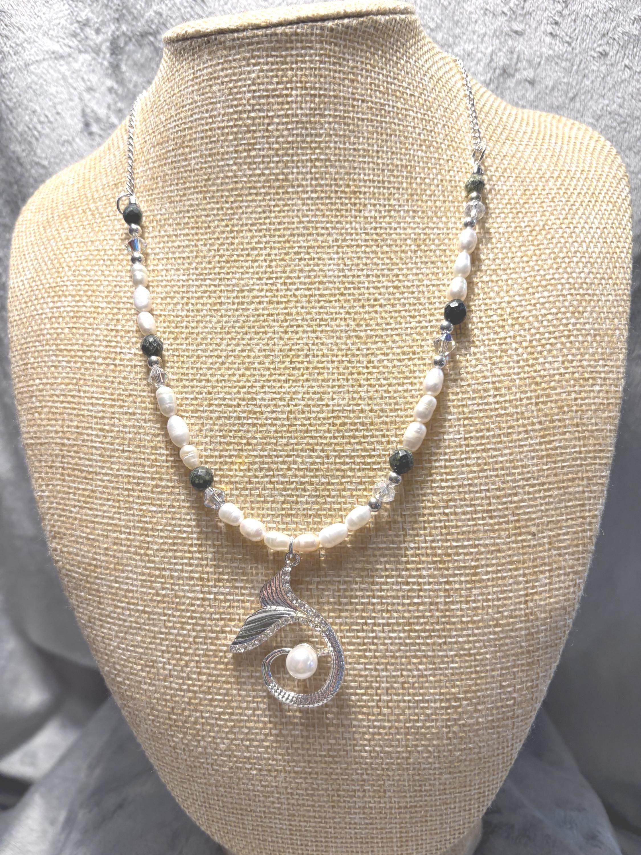 Mermaid Tail Necklace and Earrings Set, Freshwater Pearl Jewelry, Lapis Lazuli Beads, Silver Whale Tail Pendant, Ocean Gift