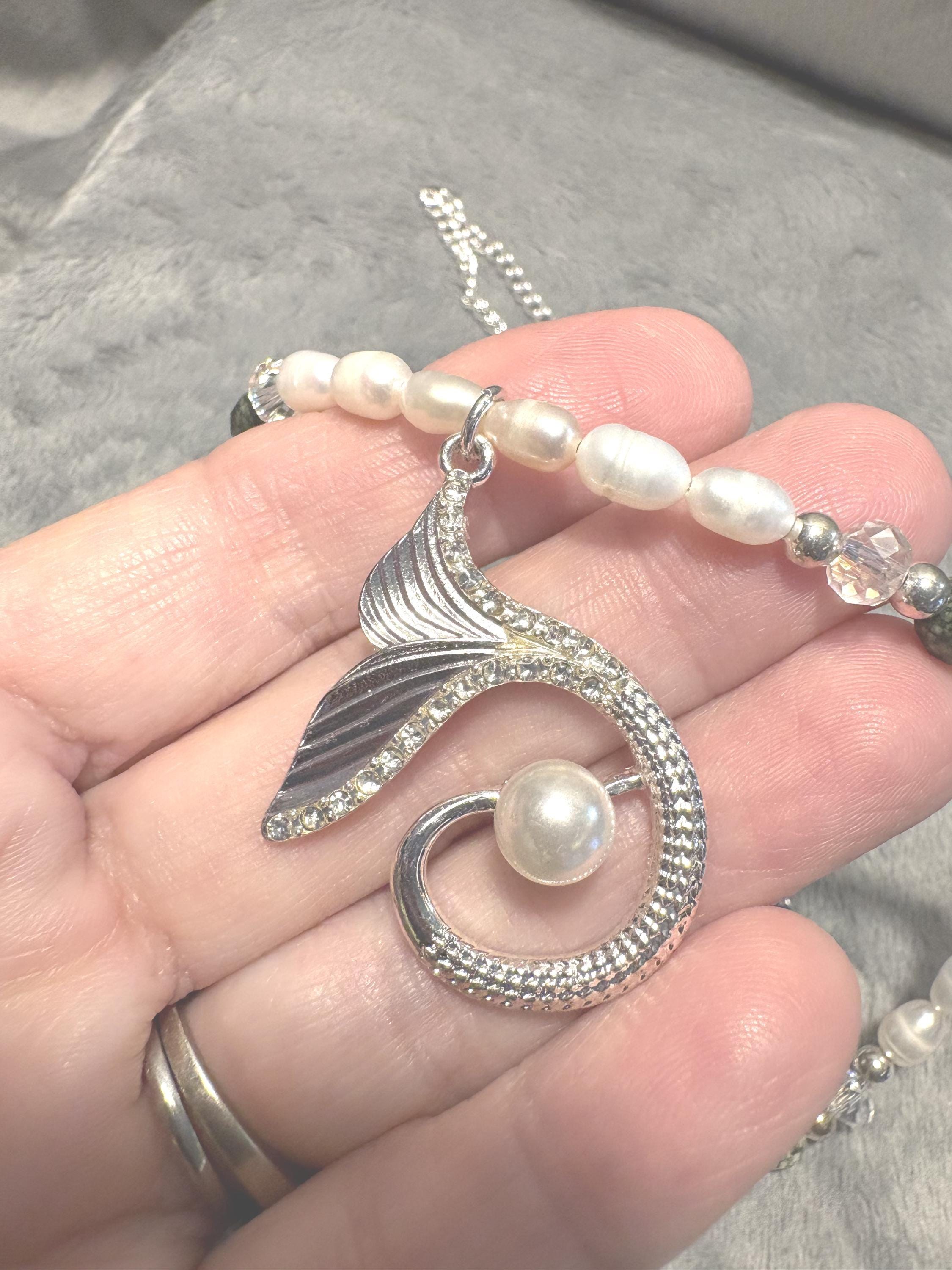 Mermaid Tail Necklace and Earrings Set, Freshwater Pearl Jewelry, Lapis Lazuli Beads, Silver Whale Tail Pendant, Ocean Gift view 12