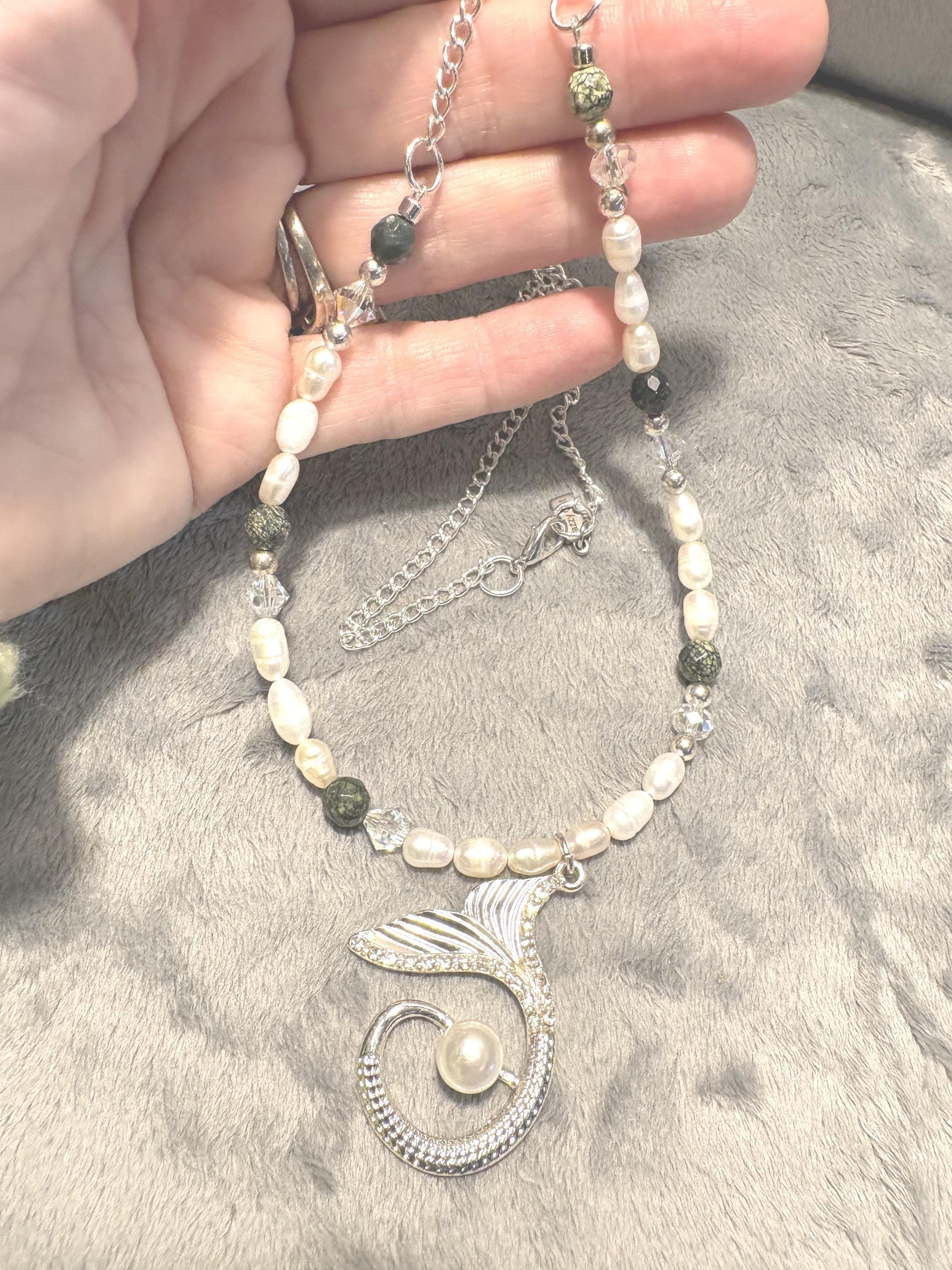 Mermaid Tail Necklace and Earrings Set, Freshwater Pearl Jewelry, Lapis Lazuli Beads, Silver Whale Tail Pendant, Ocean Gift view 13