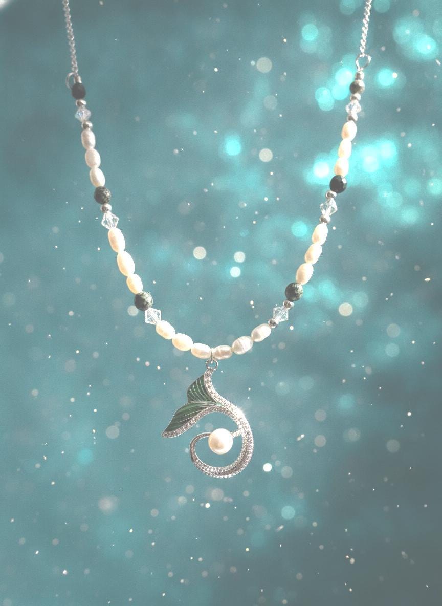 Mermaid Tail Necklace and Earrings Set, Freshwater Pearl Jewelry, Lapis Lazuli Beads, Silver Whale Tail Pendant, Ocean Gift view 4