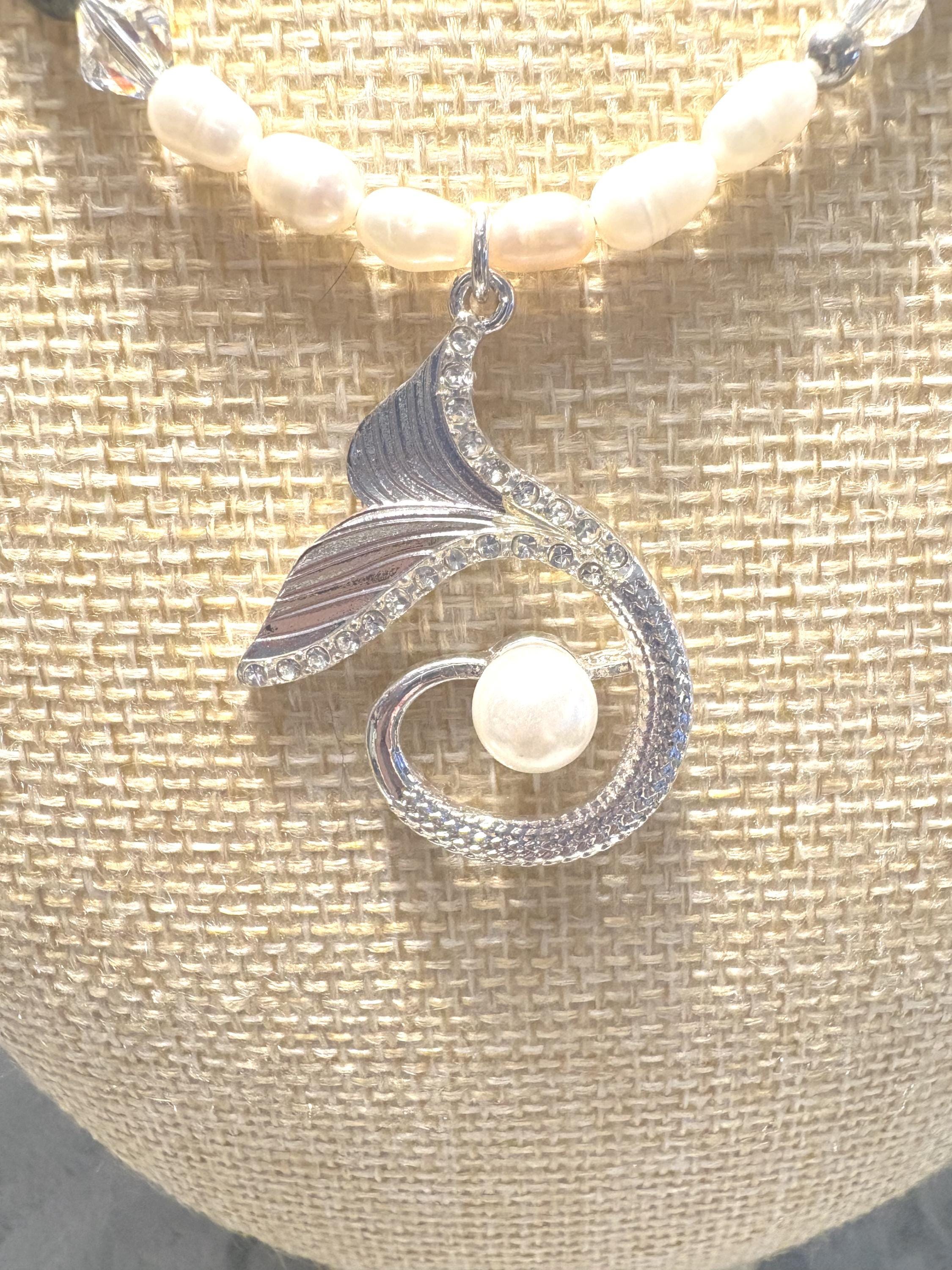 Mermaid Tail Necklace and Earrings Set, Freshwater Pearl Jewelry, Lapis Lazuli Beads, Silver Whale Tail Pendant, Ocean Gift view 5
