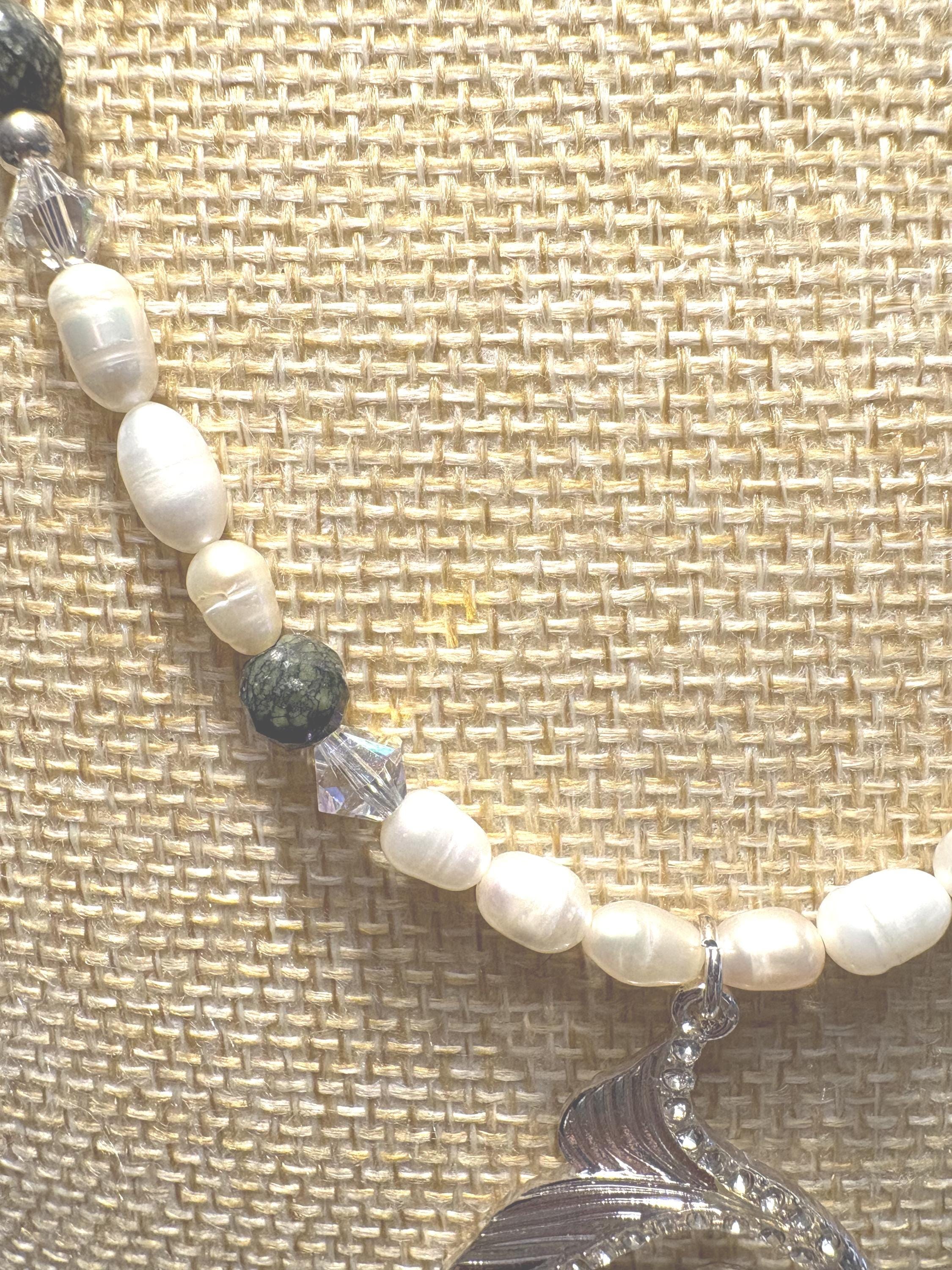Mermaid Tail Necklace and Earrings Set, Freshwater Pearl Jewelry, Lapis Lazuli Beads, Silver Whale Tail Pendant, Ocean Gift view 6