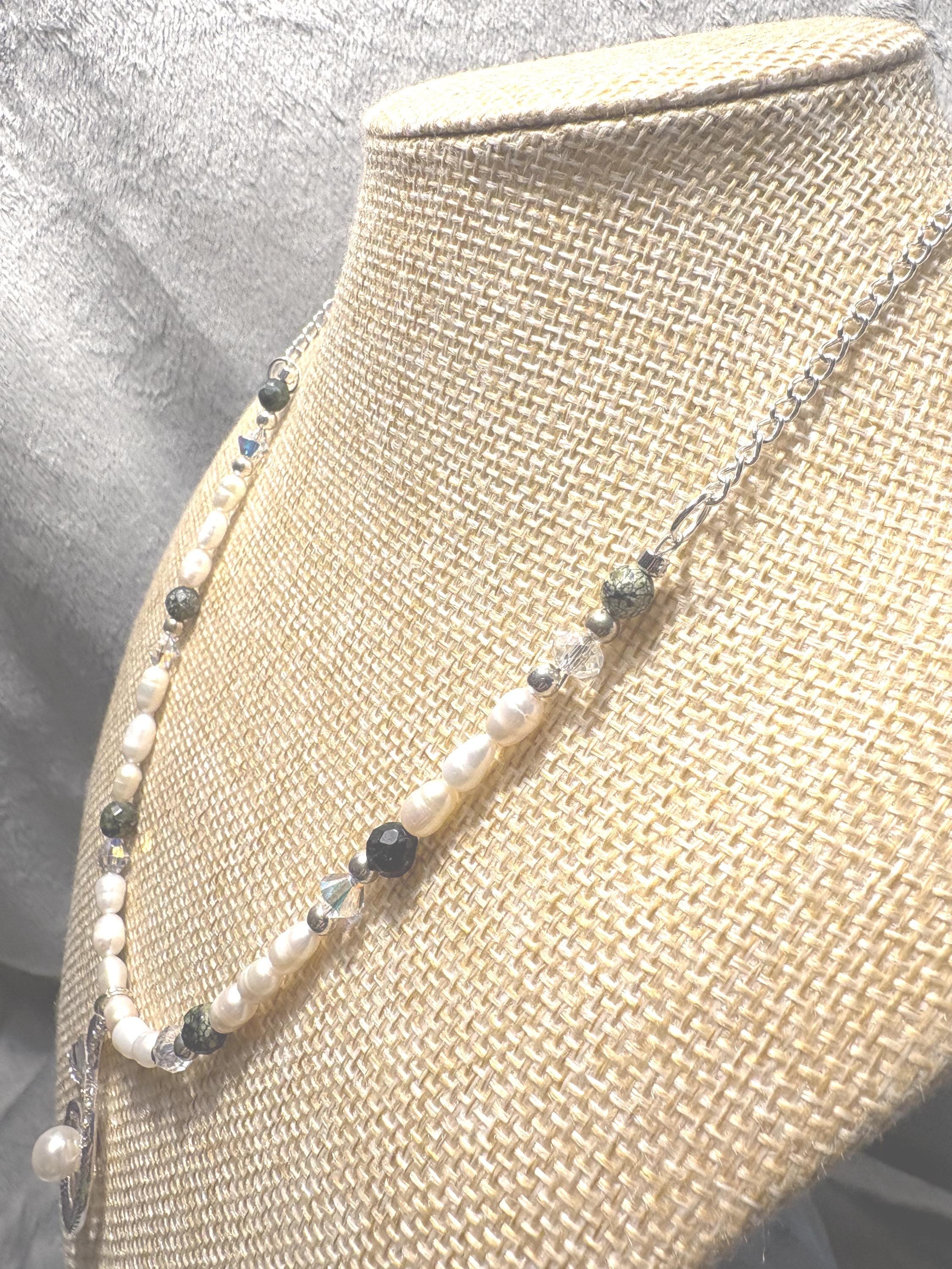 Mermaid Tail Necklace and Earrings Set, Freshwater Pearl Jewelry, Lapis Lazuli Beads, Silver Whale Tail Pendant, Ocean Gift view 7