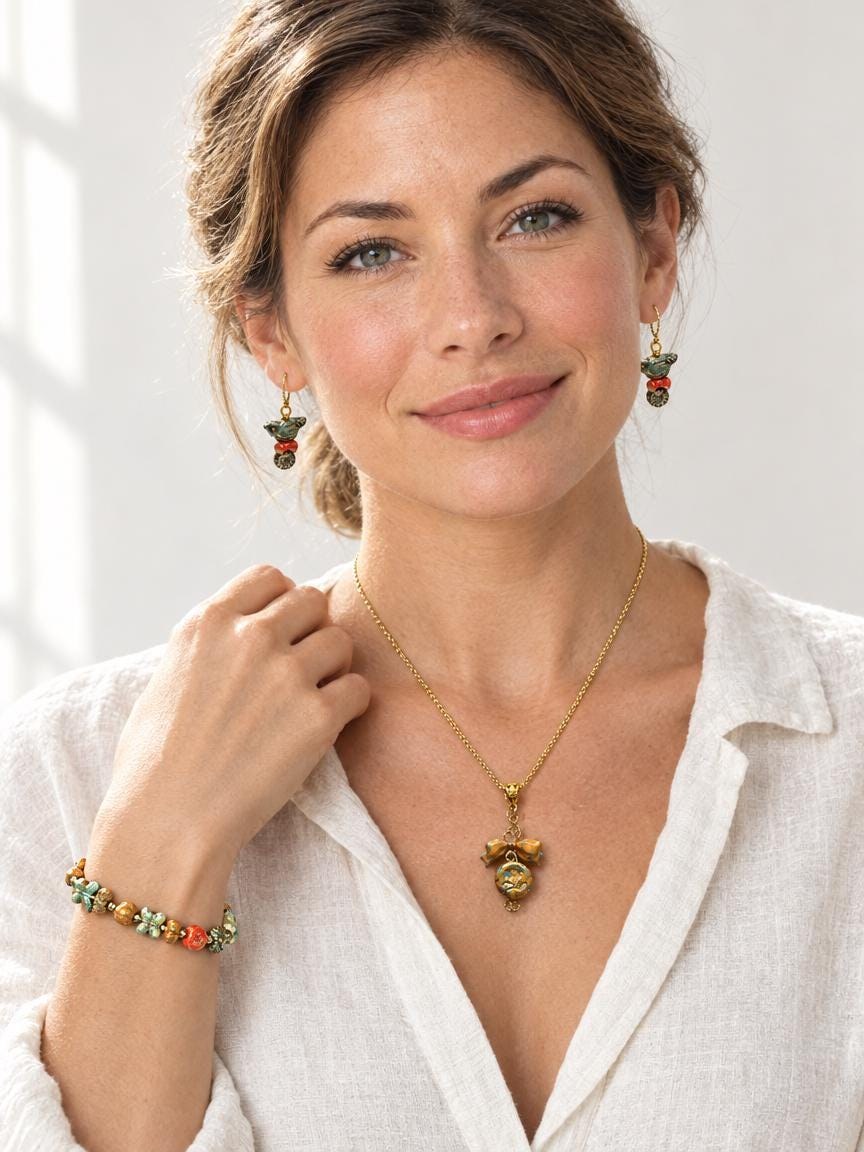 Nature Inspired Jewelry Set * Bird Butterfly and Flower Necklace Bracelet Earrings with 18K Plated Wires * Handmade * Garden Lover Gift