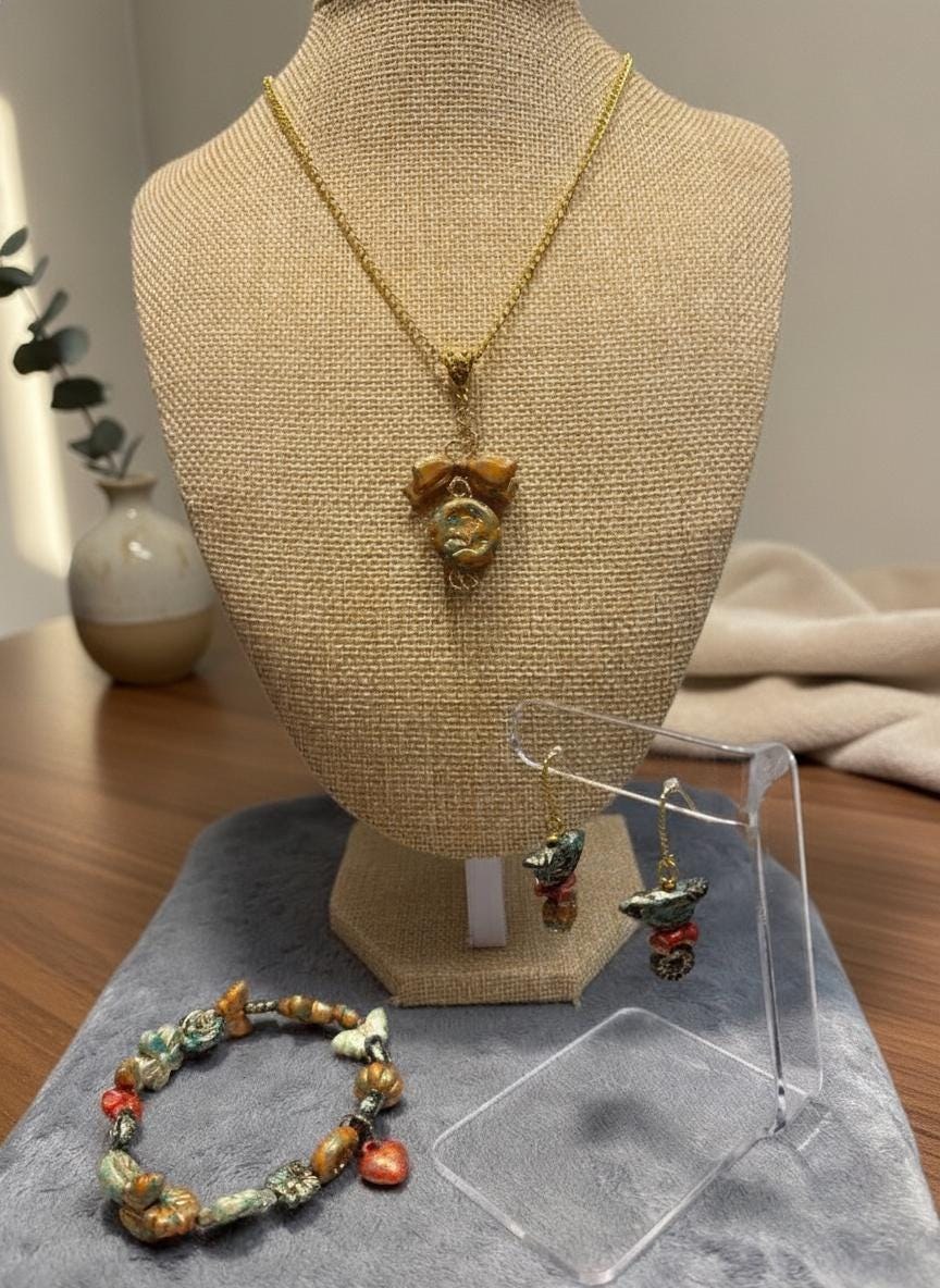 Nature Inspired Jewelry Set * Bird Butterfly and Flower Necklace Bracelet Earrings with 18K Plated Wires * Handmade * Garden Lover Gift view 13