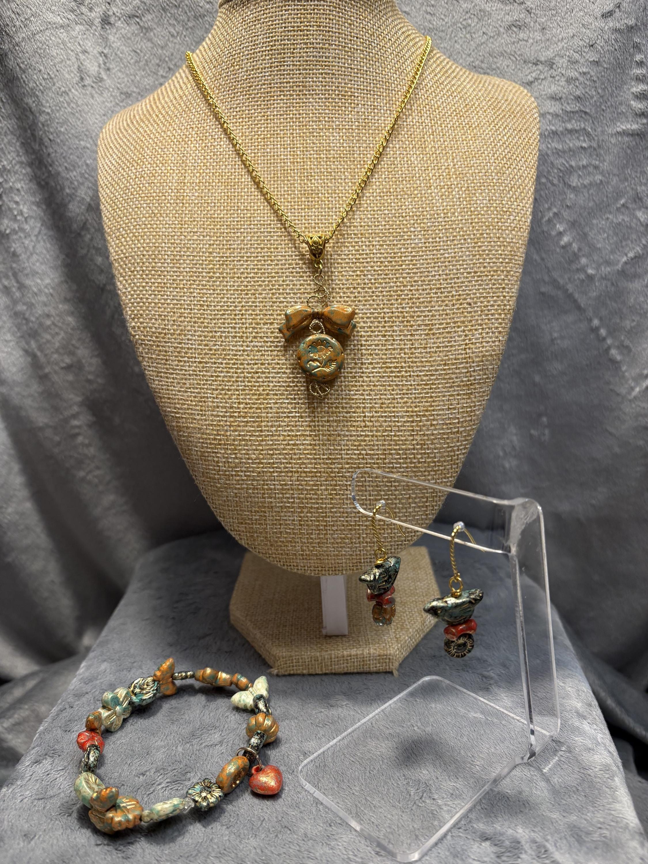 Nature Inspired Jewelry Set * Bird Butterfly and Flower Necklace Bracelet Earrings with 18K Plated Wires * Handmade * Garden Lover Gift view 2