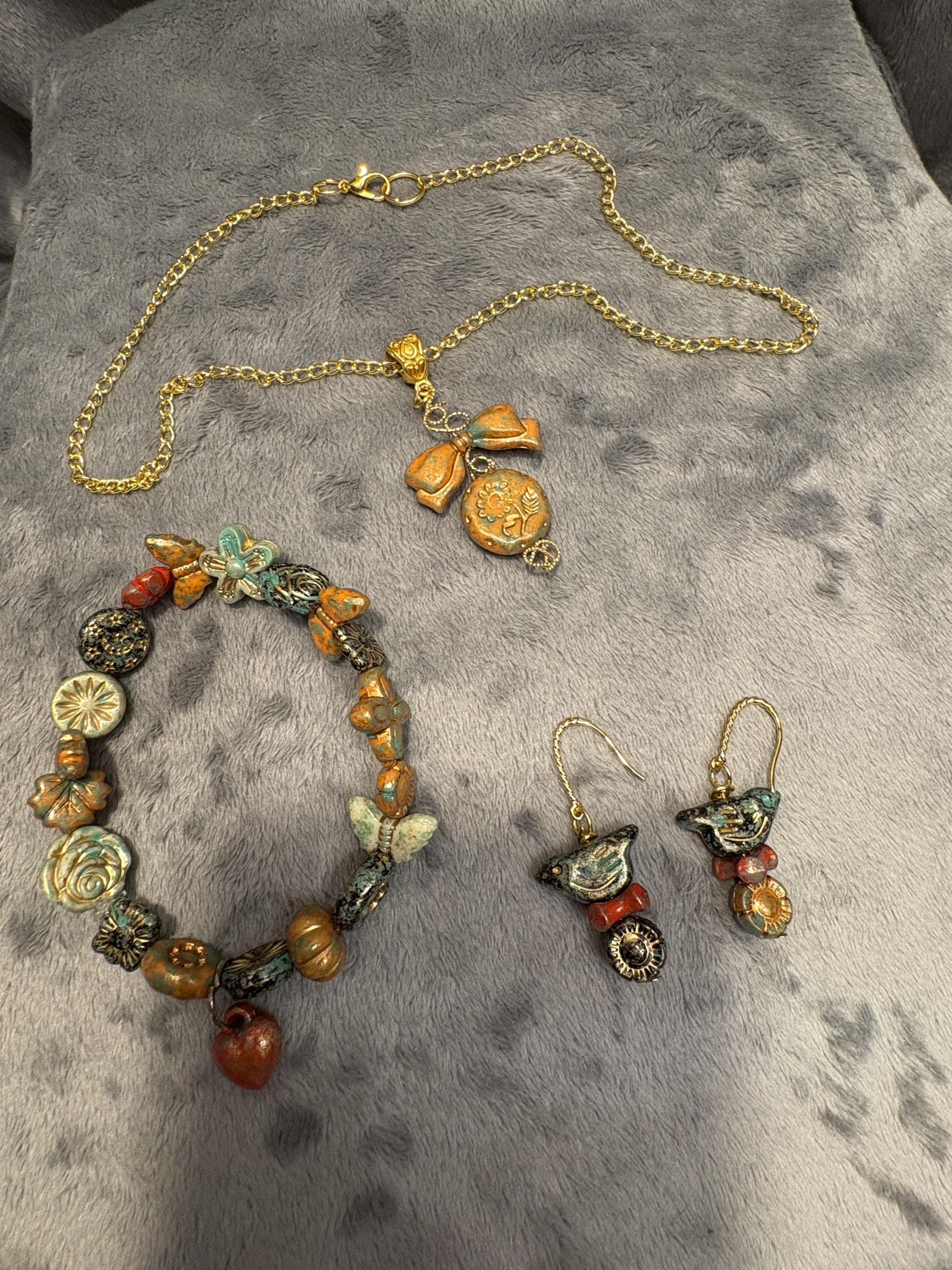 Nature Inspired Jewelry Set * Bird Butterfly and Flower Necklace Bracelet Earrings with 18K Plated Wires * Handmade * Garden Lover Gift view 8