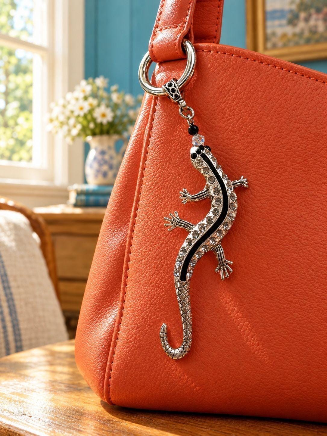 Rhinestone Lizard Keychain - Silver Tone Reptile Purse Charm - Sparkly Animal Bag Accessory - Unique Handmade Gift