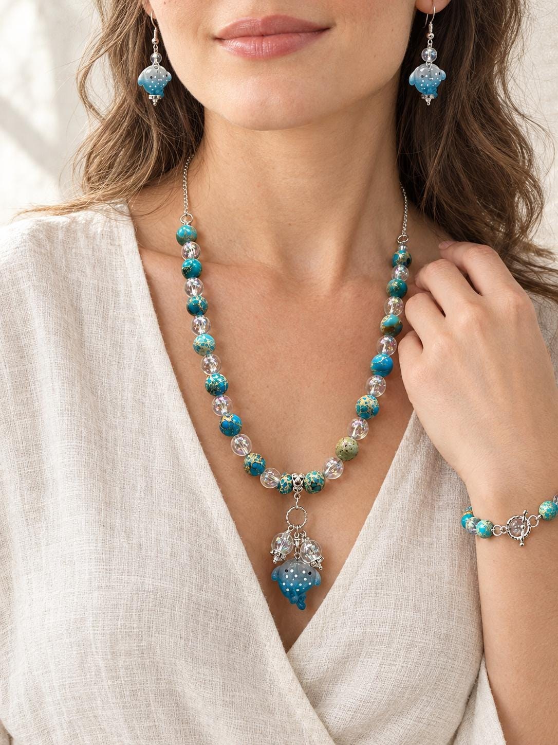 Unique Whale Jewelry Set Gift | Ocean Necklace Bracelet Earrings | Jasper Gemstone Jewelry for Her