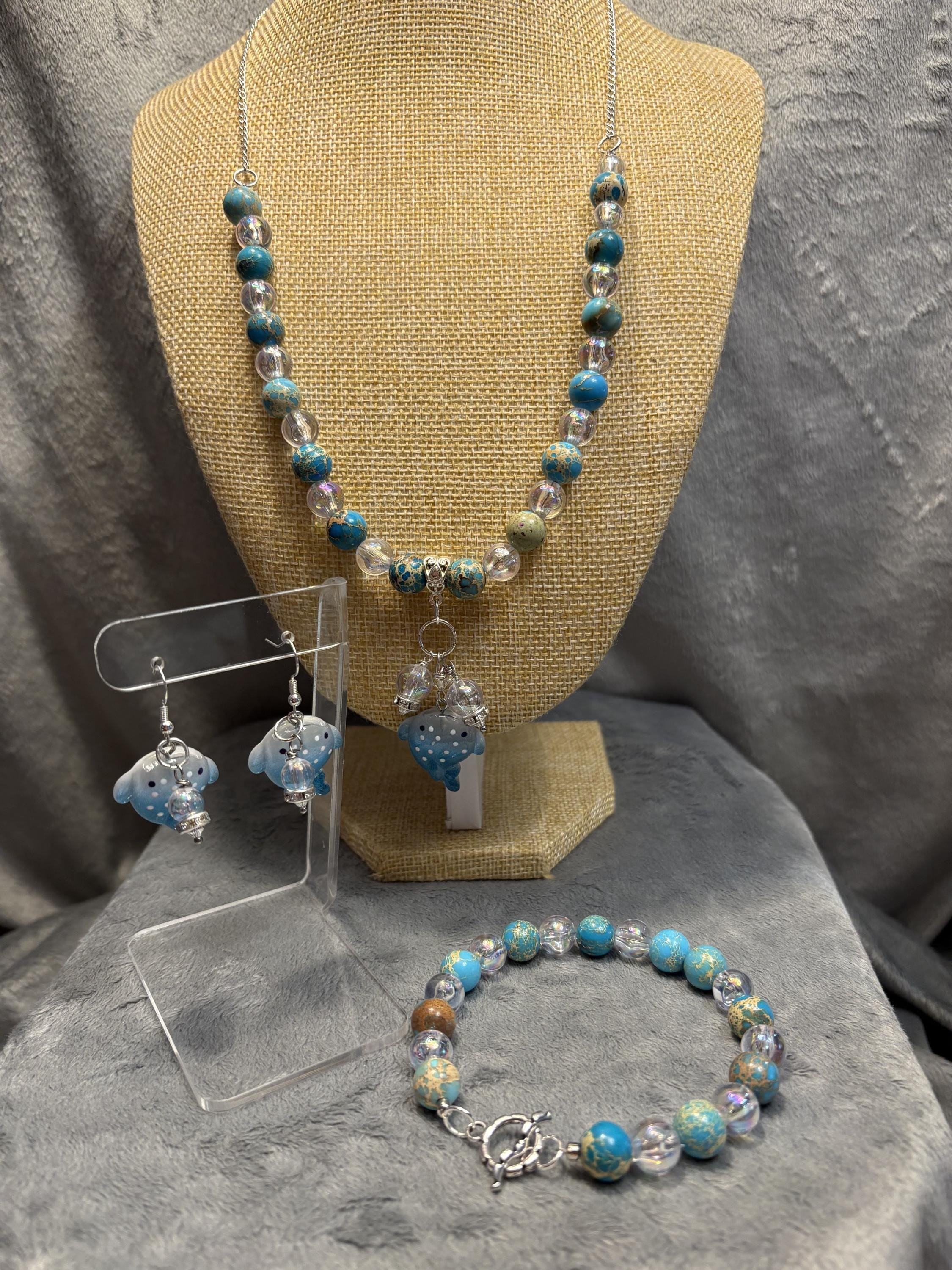 Unique Whale Jewelry Set Gift | Ocean Necklace Bracelet Earrings | Jasper Gemstone Jewelry for Her view 3