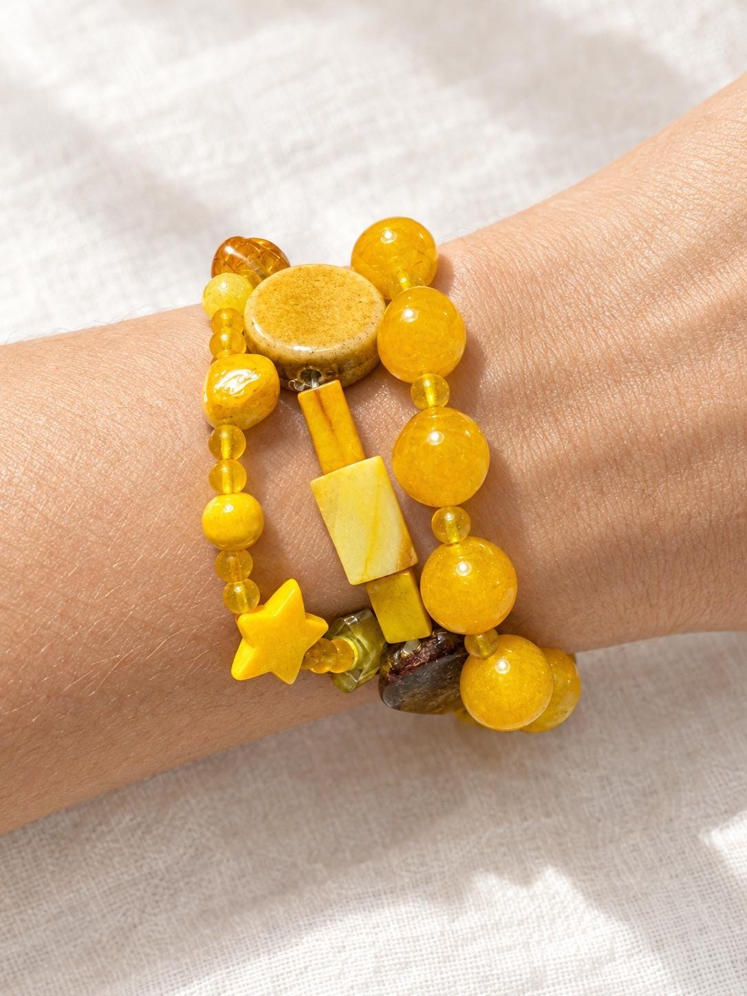 Yellow Beaded Stretch Bracelet Set of 3 • Handmade • Quartz Glass and Mother of Pearl Beads • Colorful Stacking Bracelets