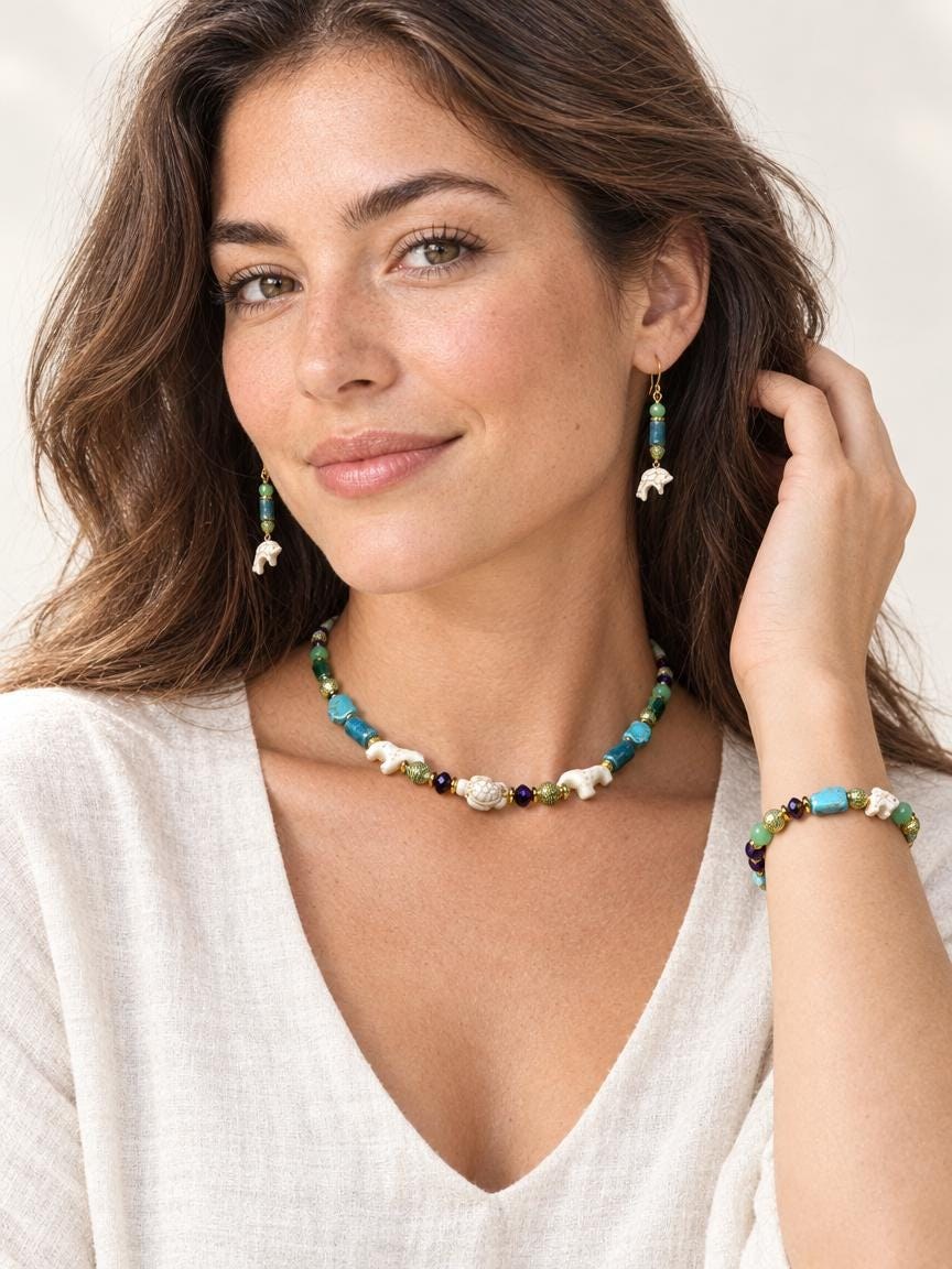 Zoo Animal Jewelry Set, Handmade Giraffe Turtle Elephant Necklace, Zoo Animal Bracelet and Earrings, Turquoise Blue Green Jewelry