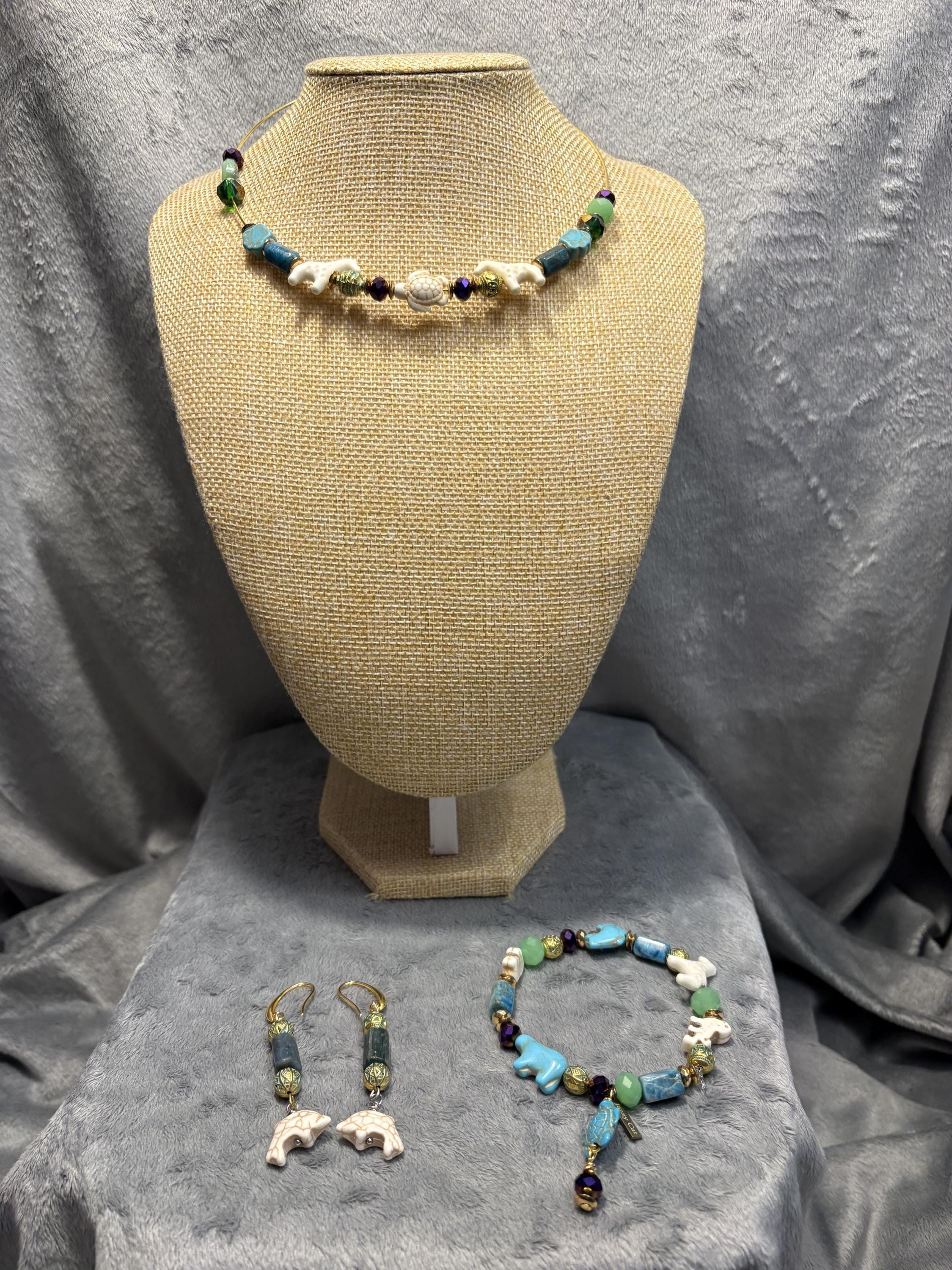 Zoo Animal Jewelry Set, Handmade Giraffe Turtle Elephant Necklace, Zoo Animal Bracelet and Earrings, Turquoise Blue Green Jewelry view 2