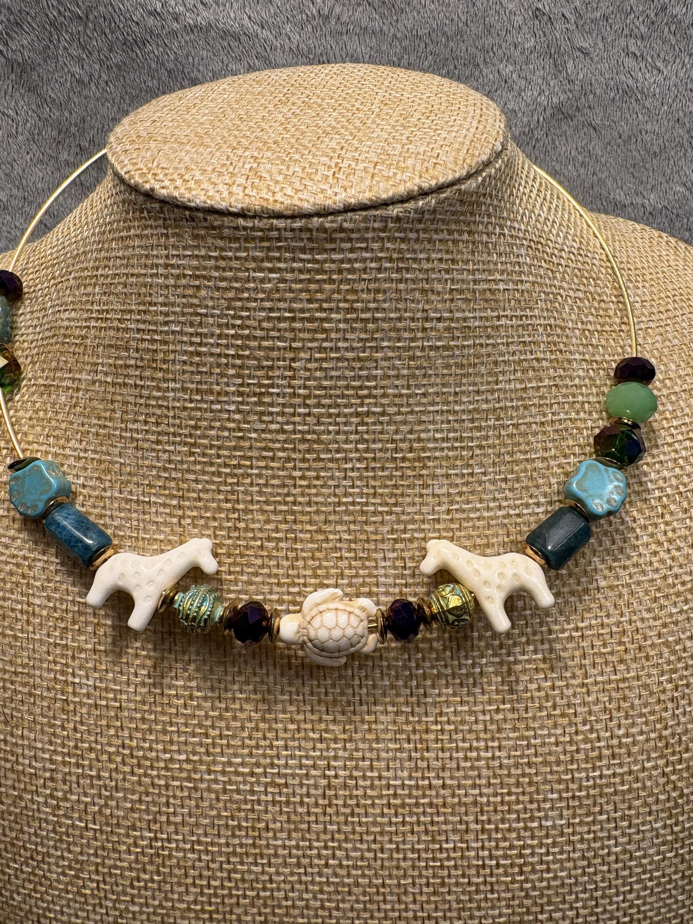 Zoo Animal Jewelry Set, Handmade Giraffe Turtle Elephant Necklace, Zoo Animal Bracelet and Earrings, Turquoise Blue Green Jewelry view 3