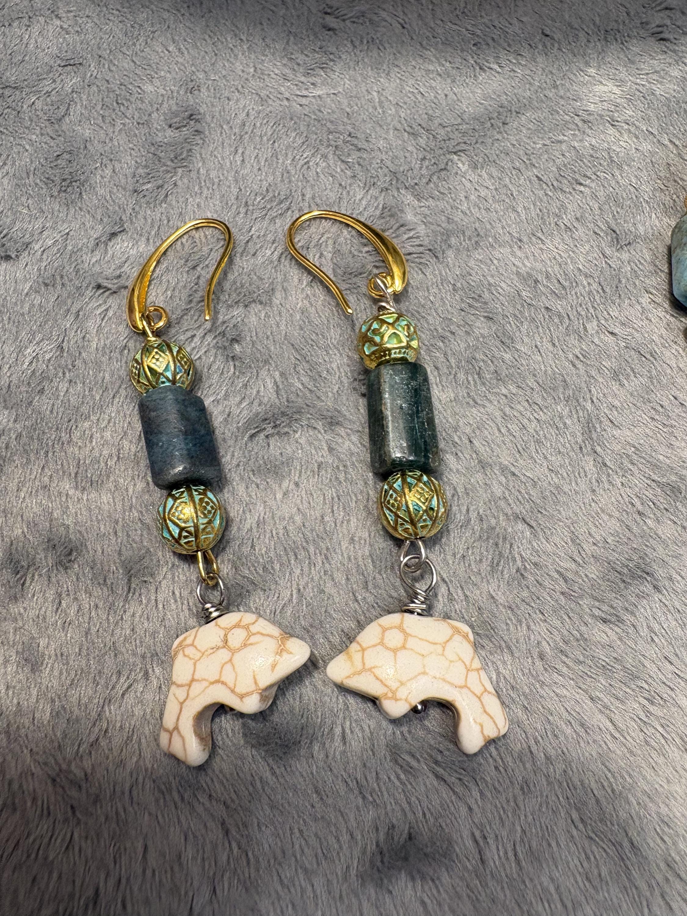 Zoo Animal Jewelry Set, Handmade Giraffe Turtle Elephant Necklace, Zoo Animal Bracelet and Earrings, Turquoise Blue Green Jewelry view 4