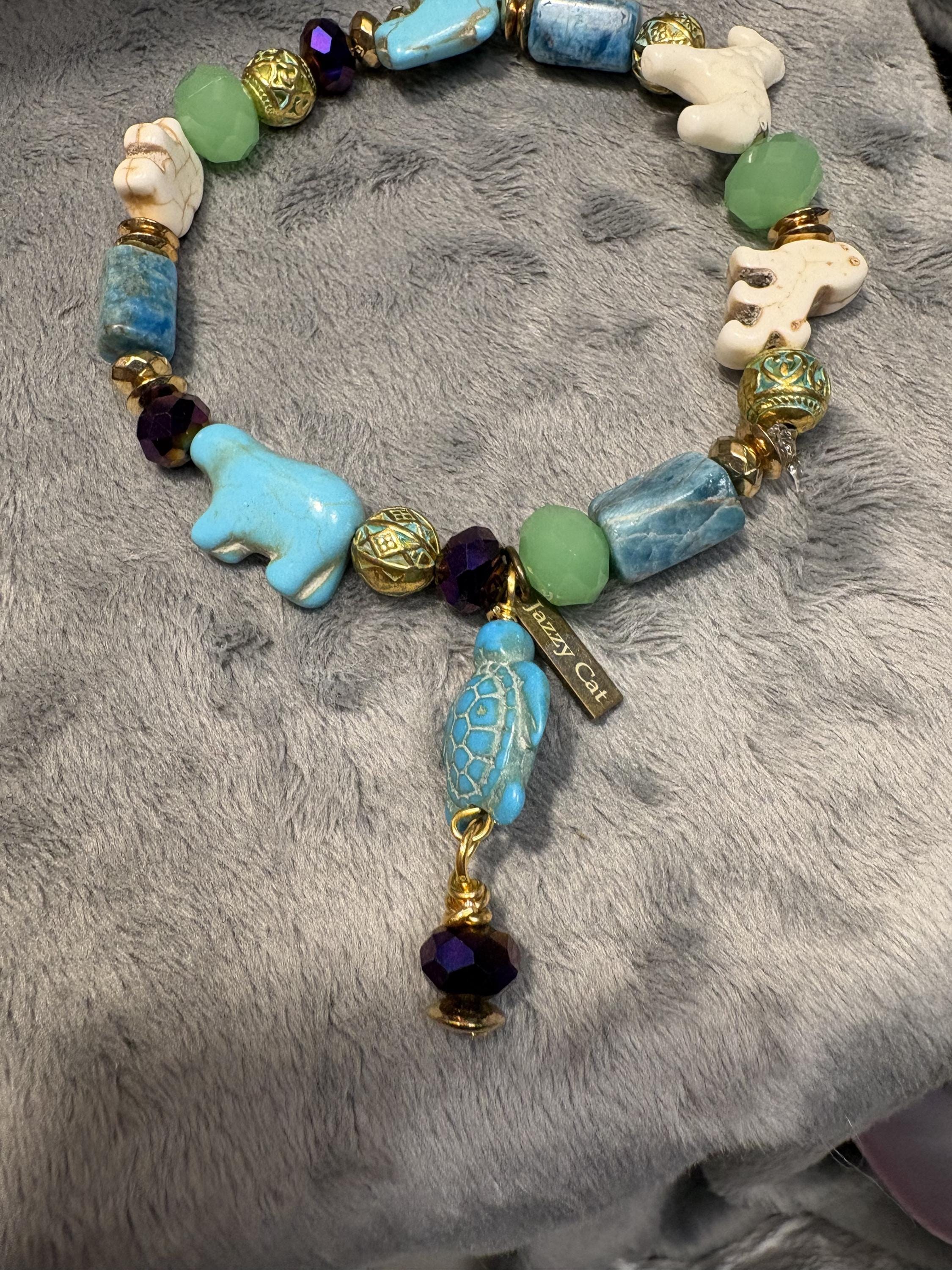 Zoo Animal Jewelry Set, Handmade Giraffe Turtle Elephant Necklace, Zoo Animal Bracelet and Earrings, Turquoise Blue Green Jewelry view 5