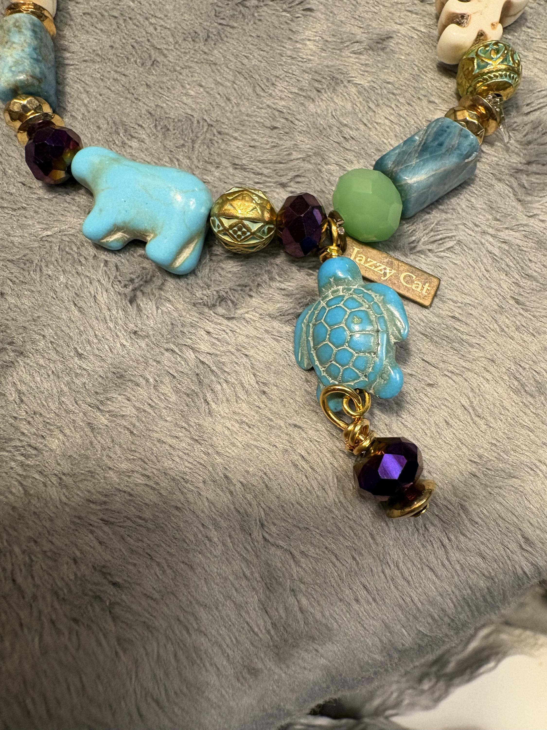 Zoo Animal Jewelry Set, Handmade Giraffe Turtle Elephant Necklace, Zoo Animal Bracelet and Earrings, Turquoise Blue Green Jewelry view 6