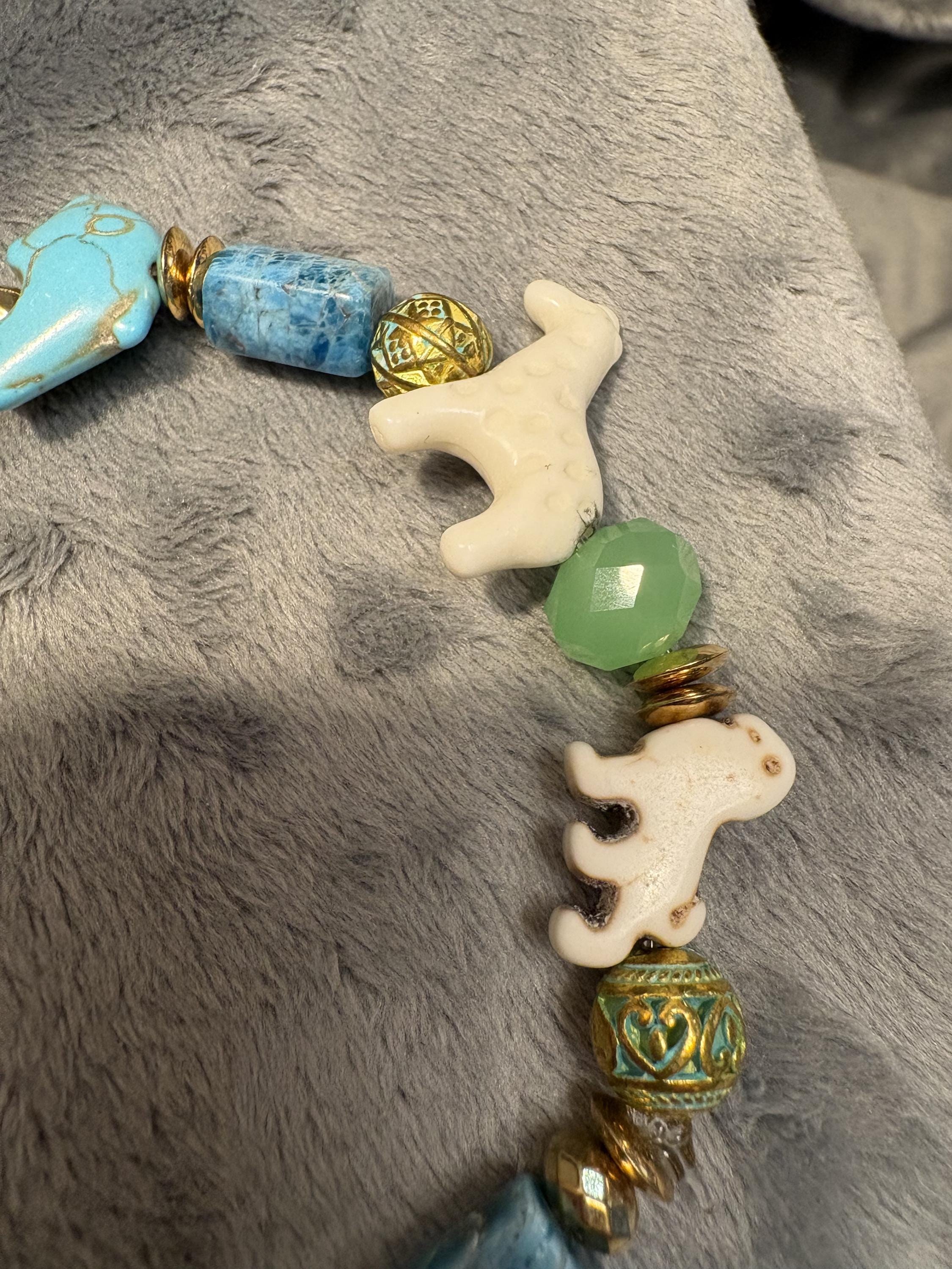 Zoo Animal Jewelry Set, Handmade Giraffe Turtle Elephant Necklace, Zoo Animal Bracelet and Earrings, Turquoise Blue Green Jewelry view 7