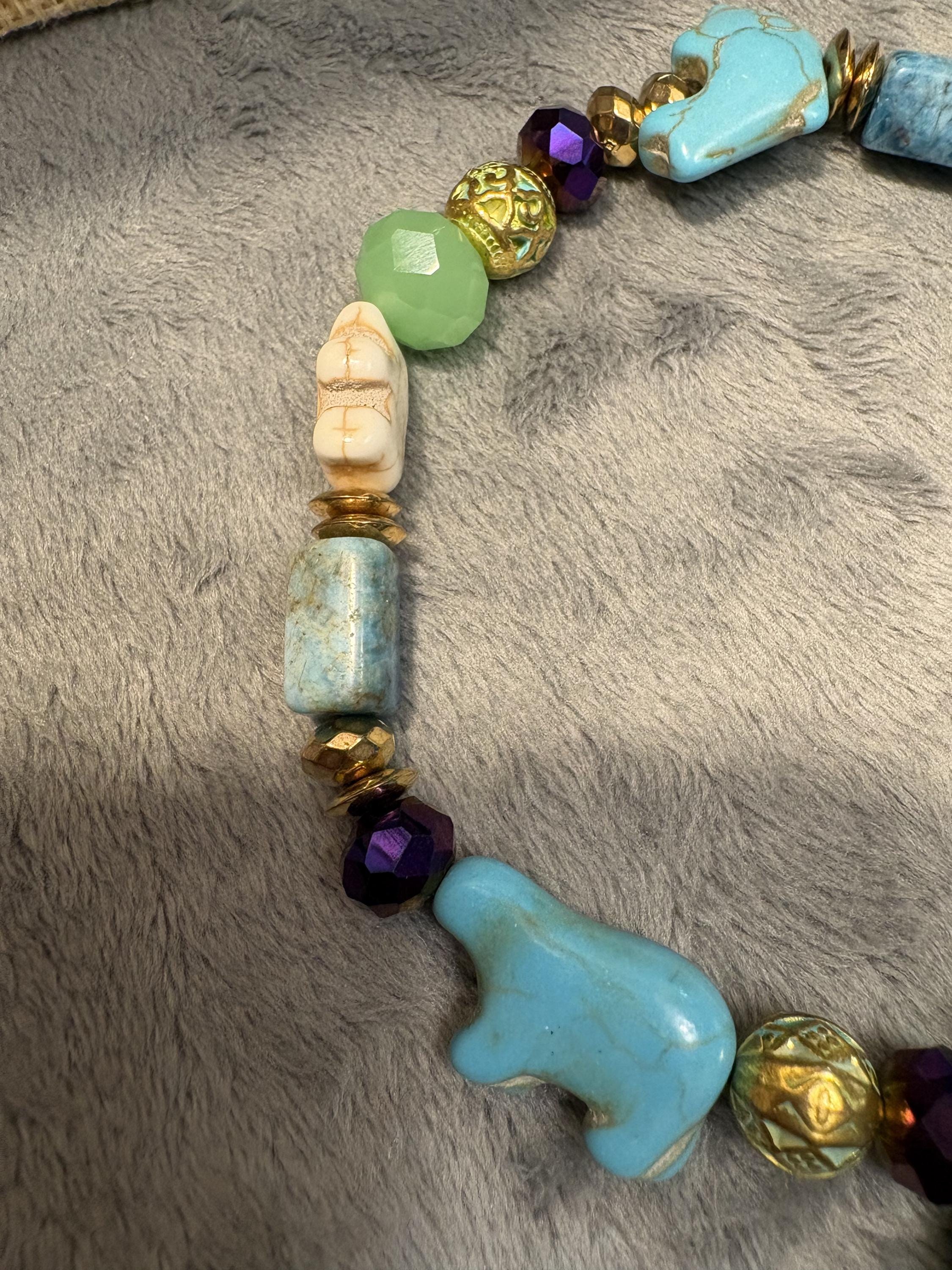 Zoo Animal Jewelry Set, Handmade Giraffe Turtle Elephant Necklace, Zoo Animal Bracelet and Earrings, Turquoise Blue Green Jewelry view 8