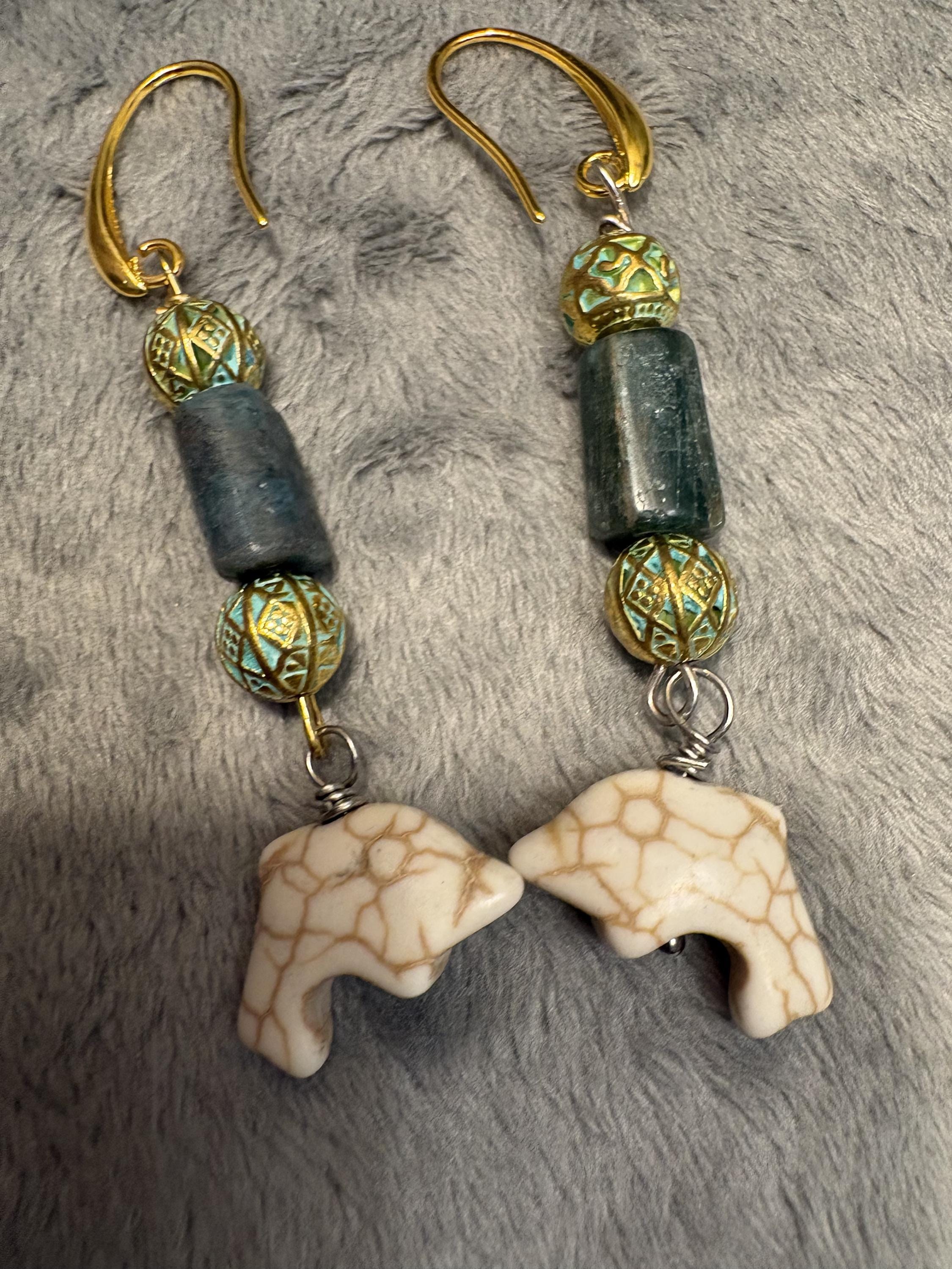 Zoo Animal Jewelry Set, Handmade Giraffe Turtle Elephant Necklace, Zoo Animal Bracelet and Earrings, Turquoise Blue Green Jewelry view 9