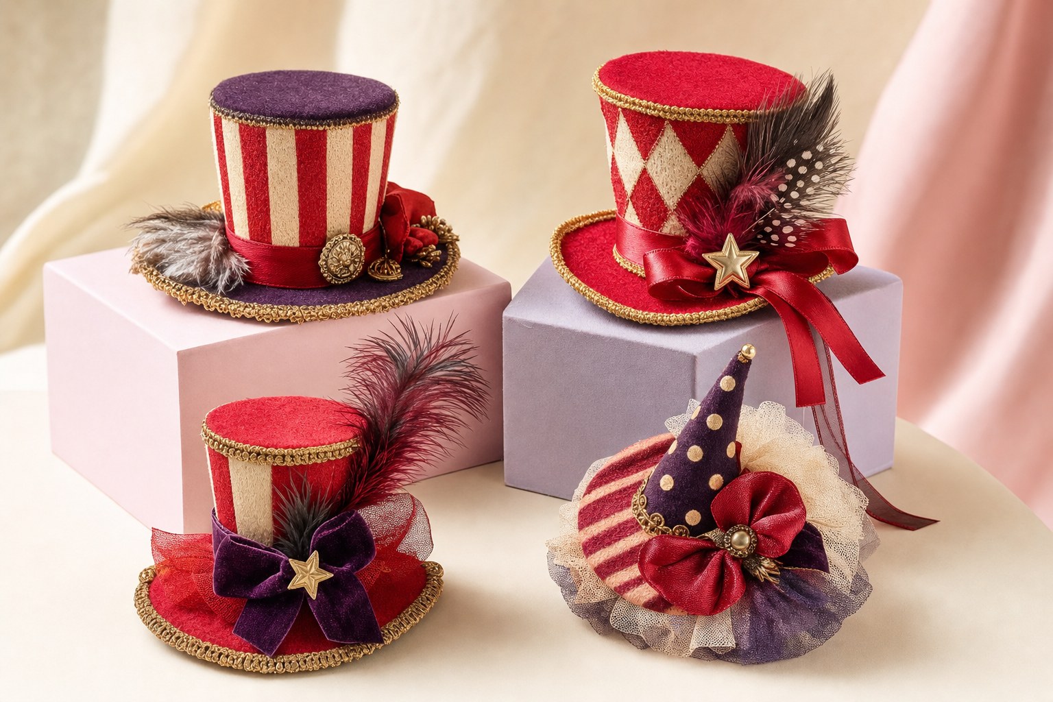 Four colorful handmade circus-inspired mini hats displayed on pastel blocks